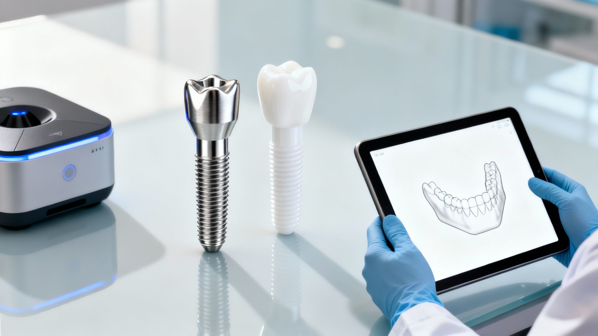 Dental professional viewing 3D jaw scan on tablet with implant models and scanning device.