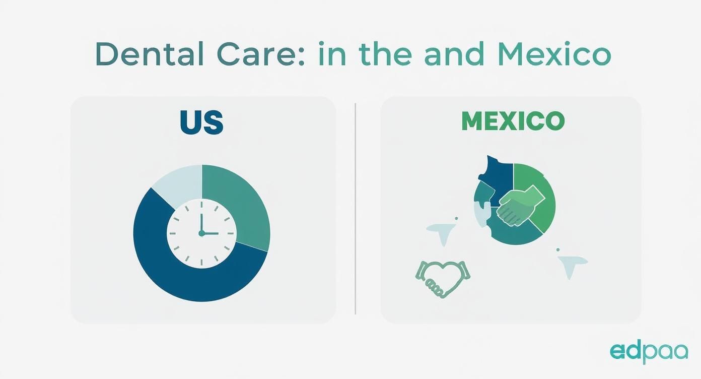 An infographic comparing US vs. Mexico dental care, using a clock icon for the US and heart and handshake icons for Mexico to symbolize differences in wait times and patient care focus.
