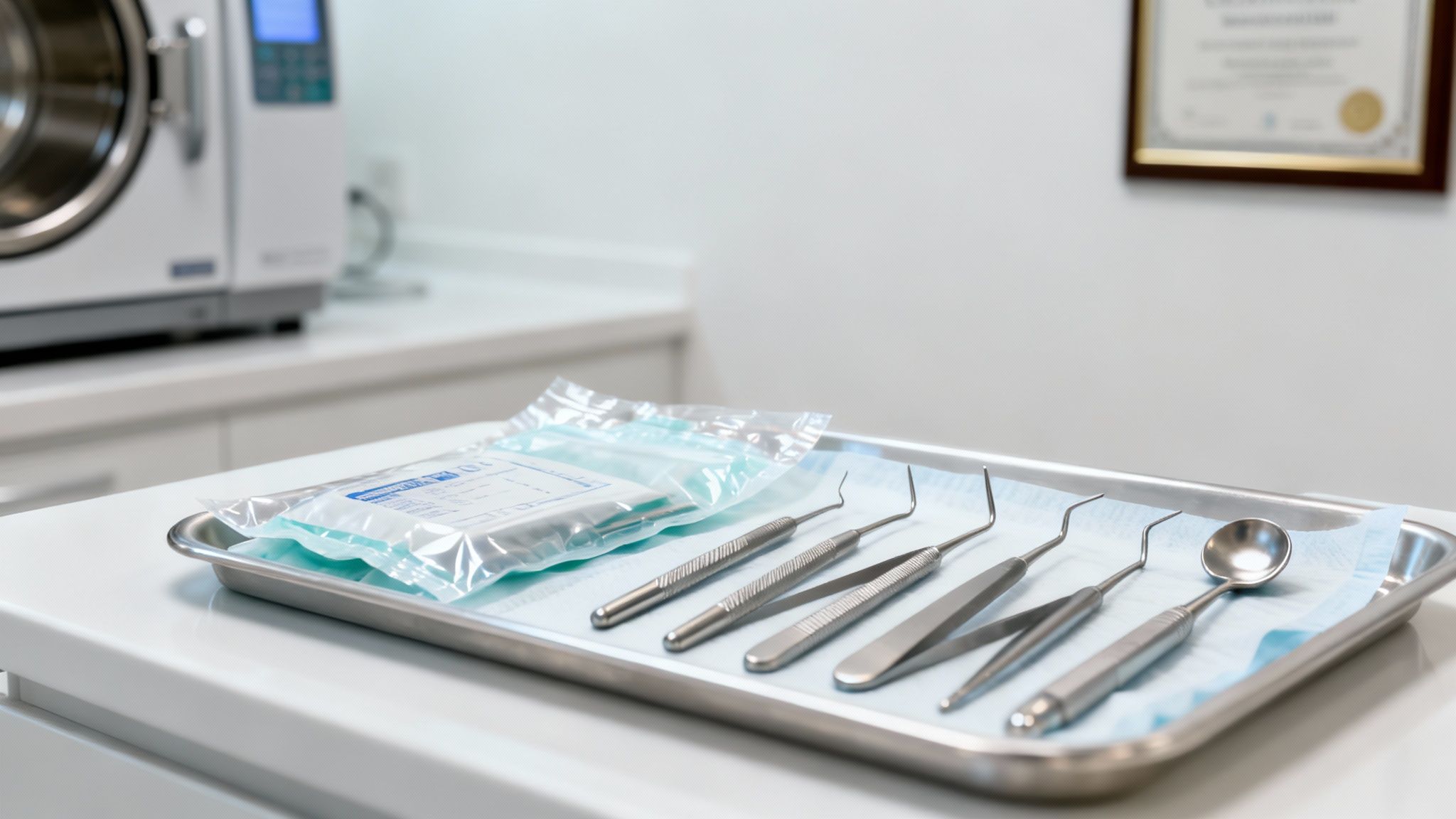 Sterile dental instruments arranged on metal tray for root canal endodontic procedure