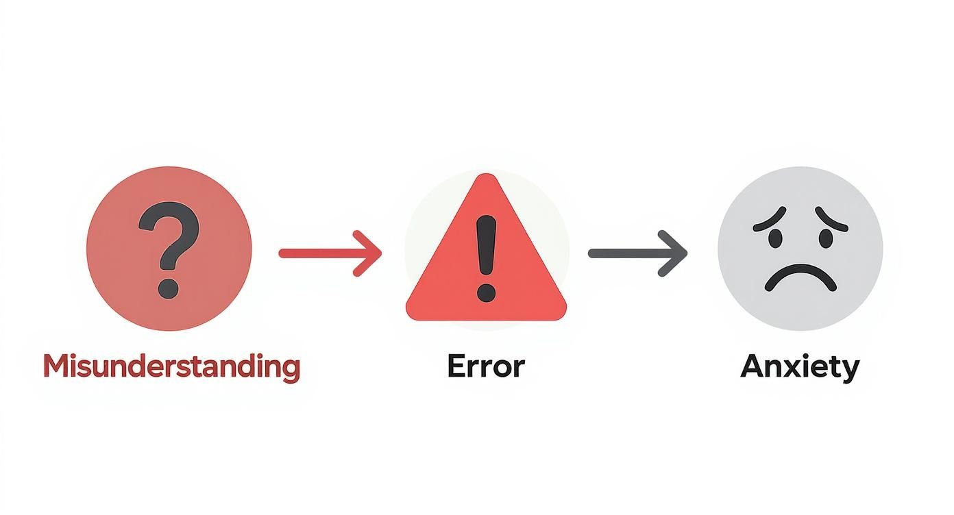 A visual flow chart illustrating how misunderstanding progresses to error, which subsequently leads to anxiety.