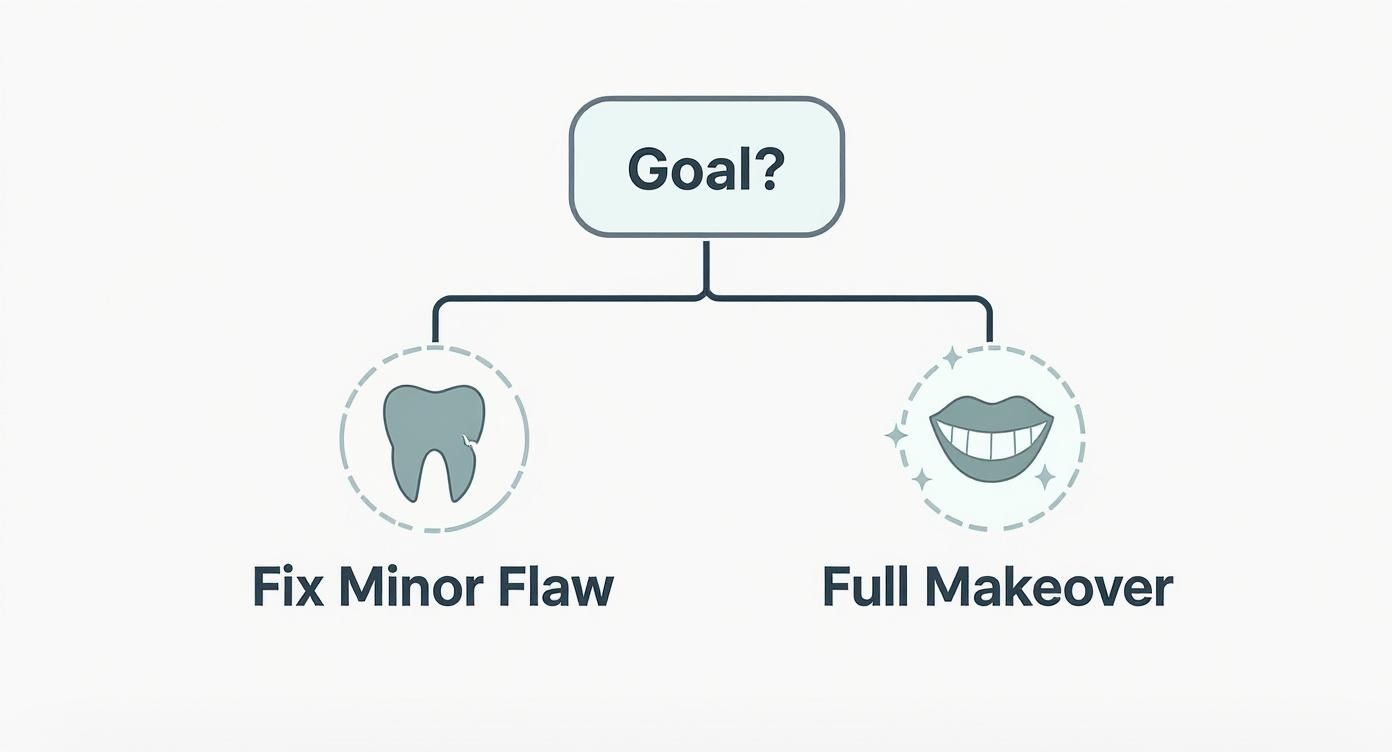 Infographic decision tree asking if the goal is to fix a minor flaw or get a full makeover, leading to bonding or veneers respectively.