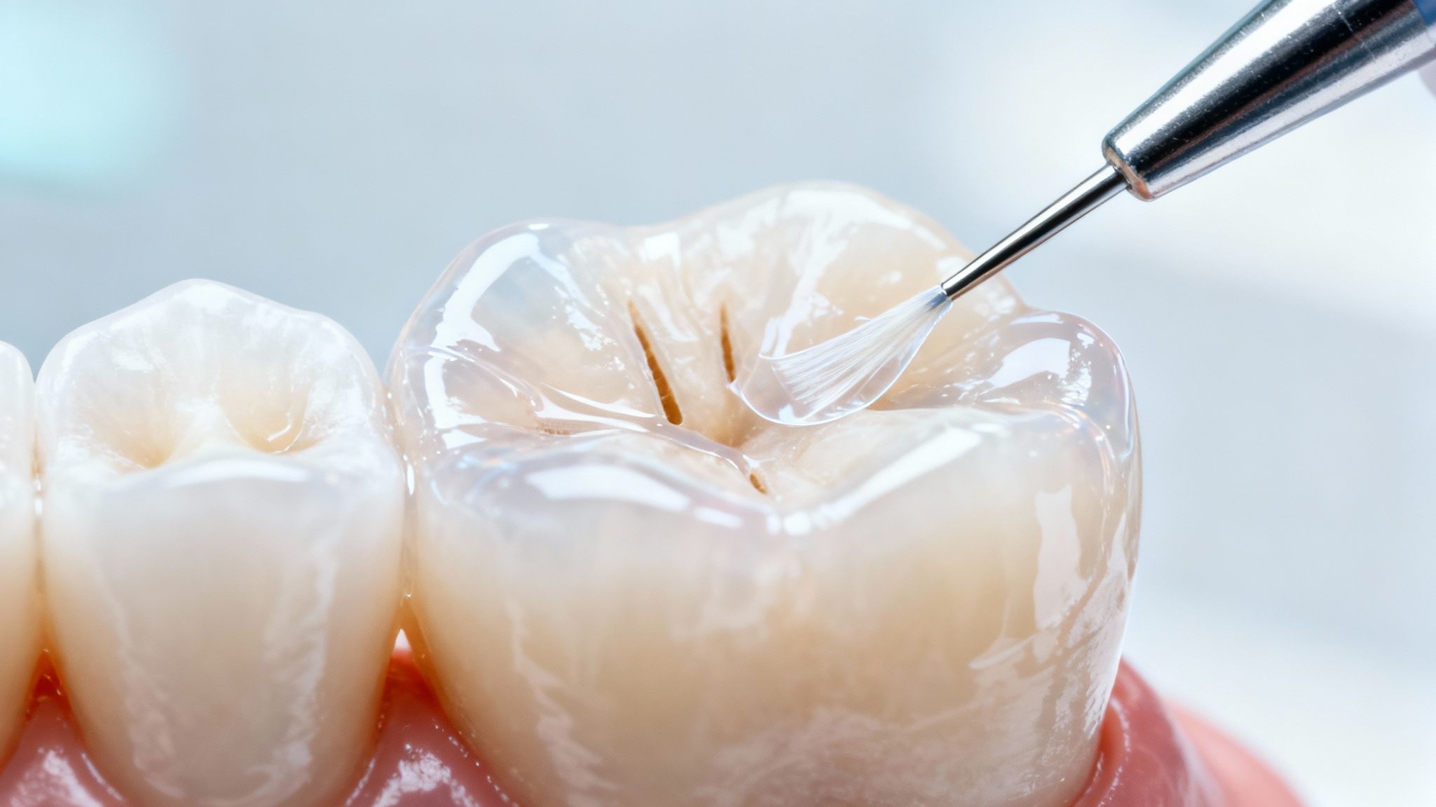 A dentist applying dental sealant to a molar to prevent cavities