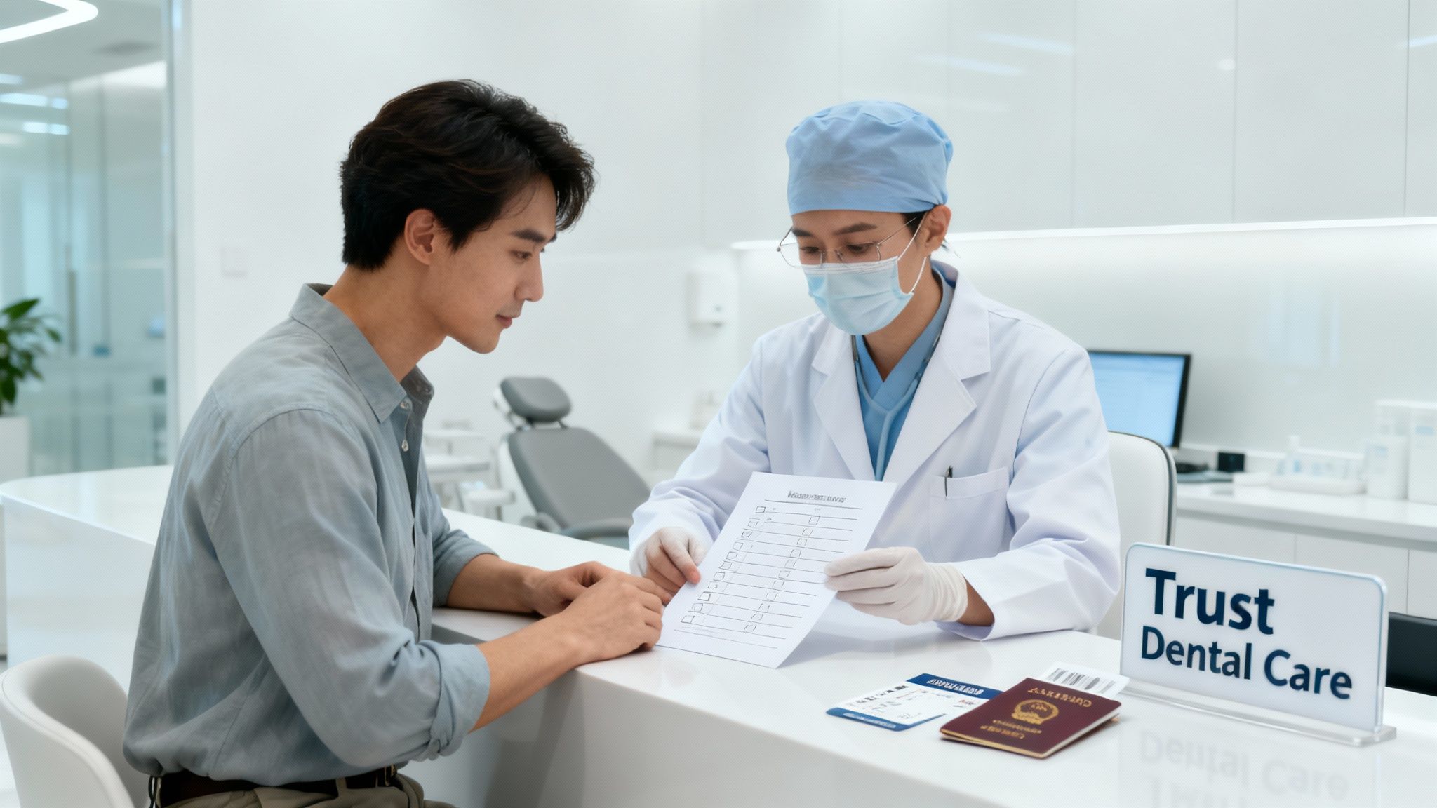 Dentist in surgical attire consulting with patient about treatment plan at Trust Dental Care clinic