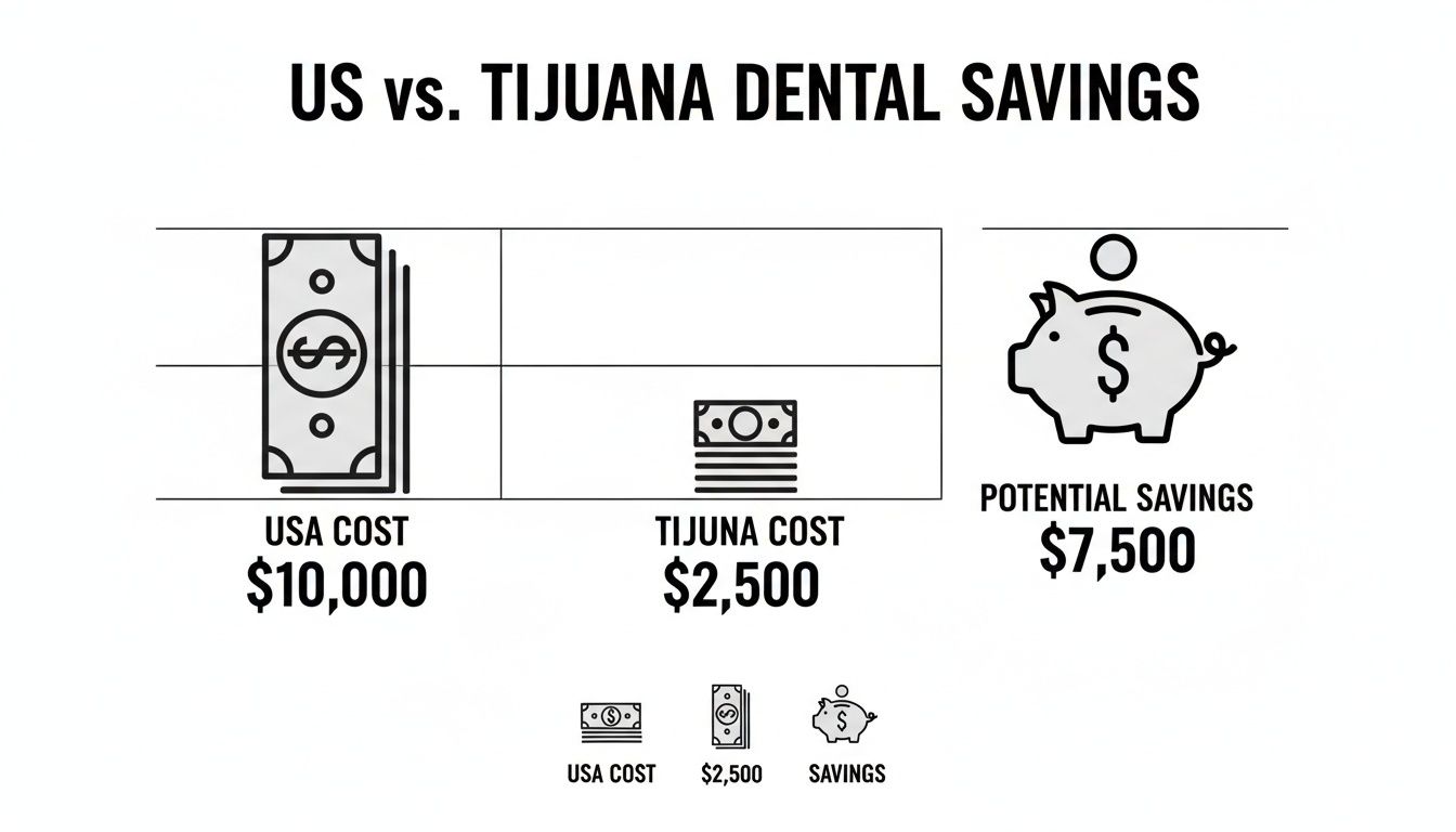 Infographic comparing US versus Tijuana dental costs, highlighting potential savings of $7,500 for treatments in Tijuana.