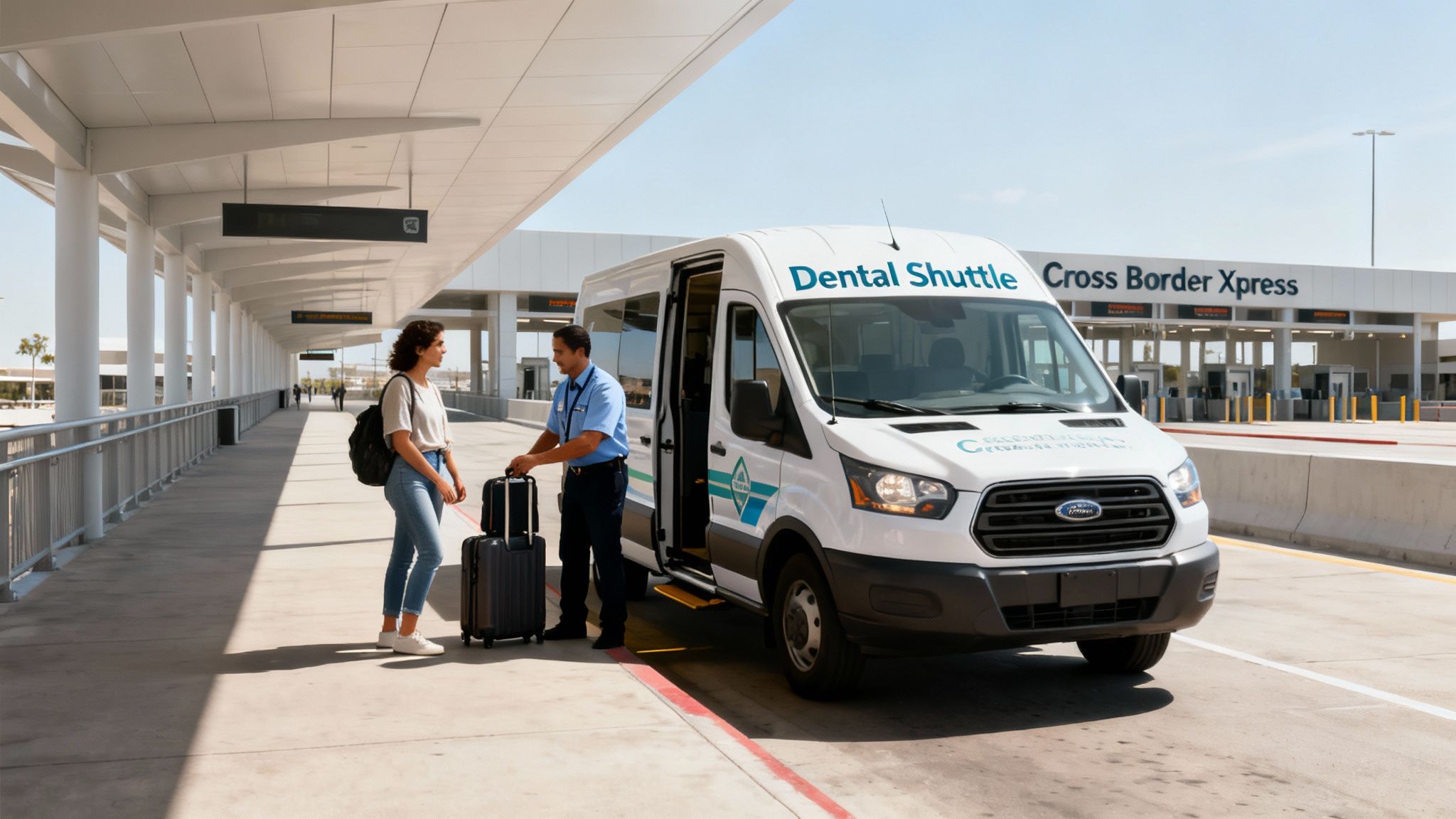 A driver assists a woman with luggage next to a 'Dental Shuttle' van at Cross Border Xpress.