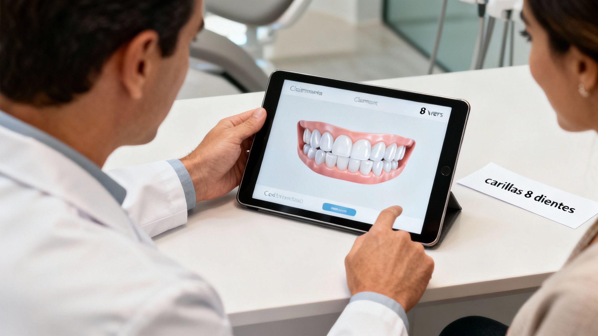 Dentist showing a digital dental model on a tablet to a patient during a consultation, discussing 8 dental veneers.