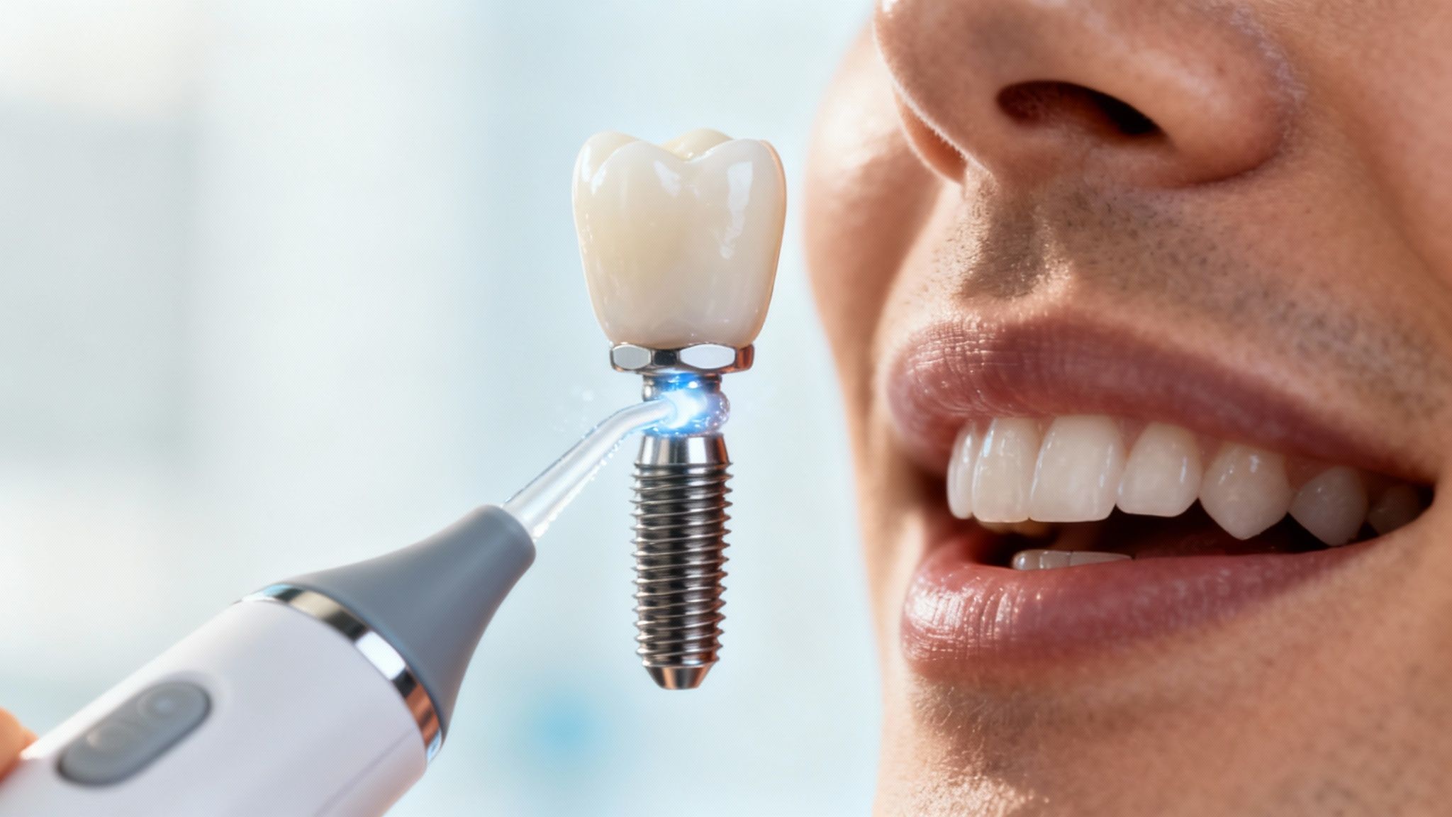 A person smiling confidently, showcasing a healthy dental implant that blends seamlessly with their natural teeth.