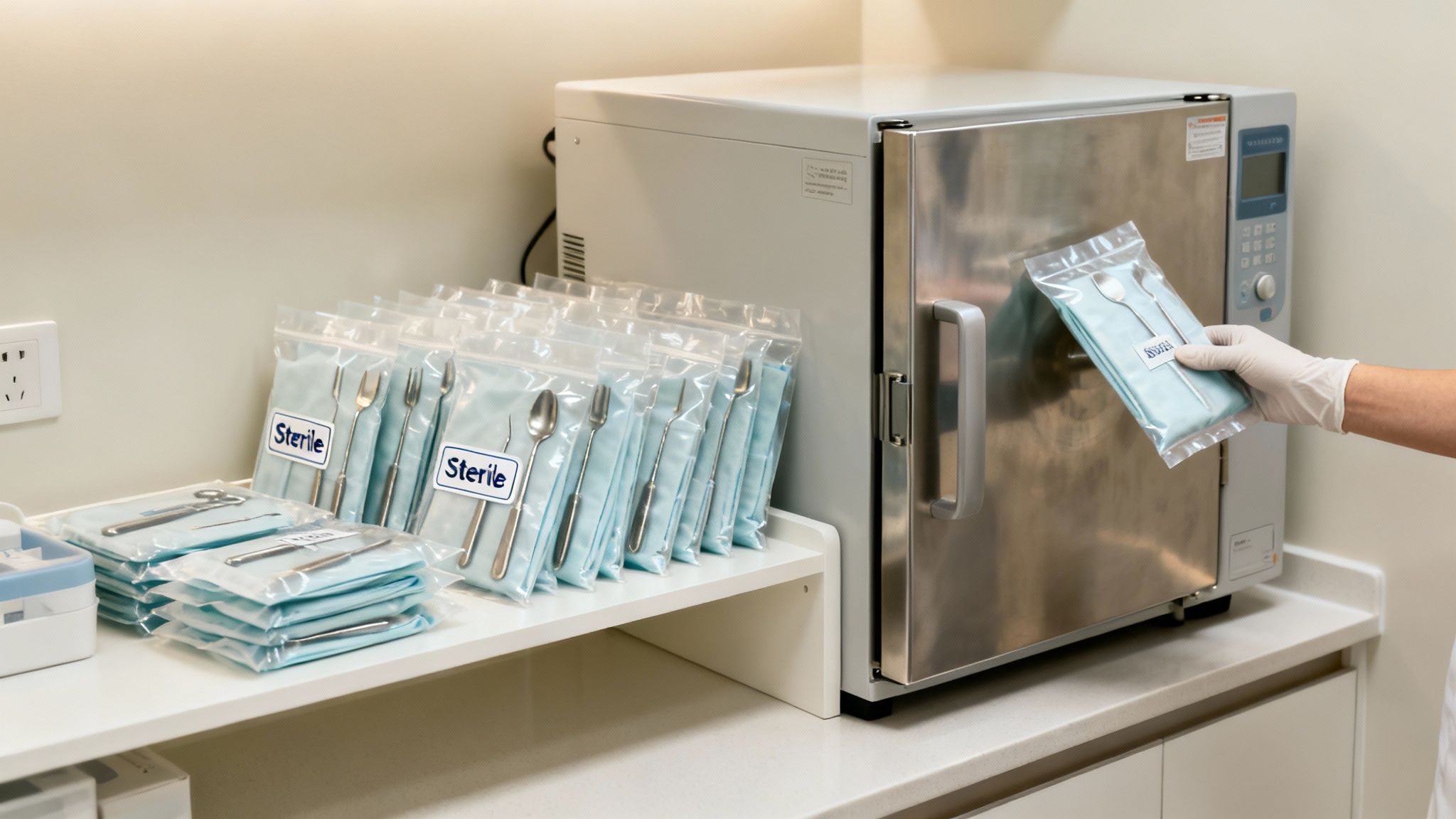 A gloved hand holds a sterile instrument pouch next to an autoclave and other packaged dental tools on a shelf.