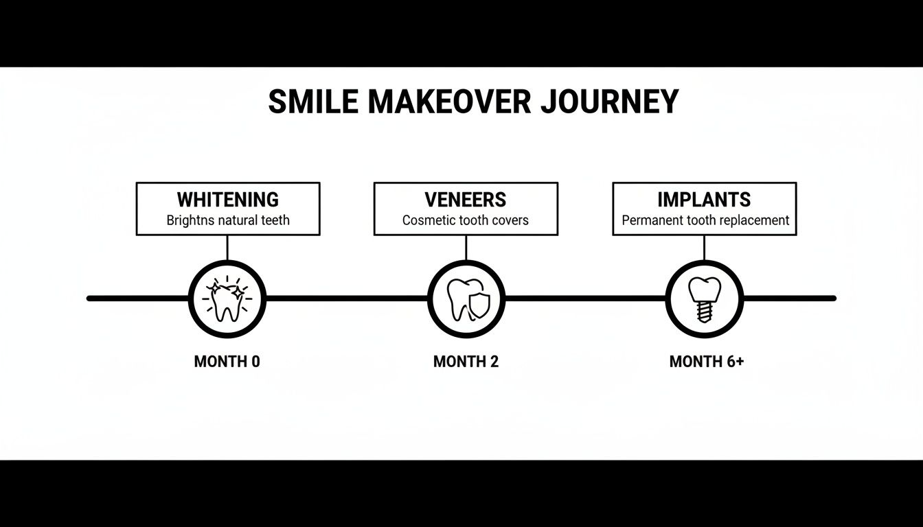 Timeline illustrating a smile makeover journey: Month 0 whitening, Month 2 veneers, and Month 6+ implants.