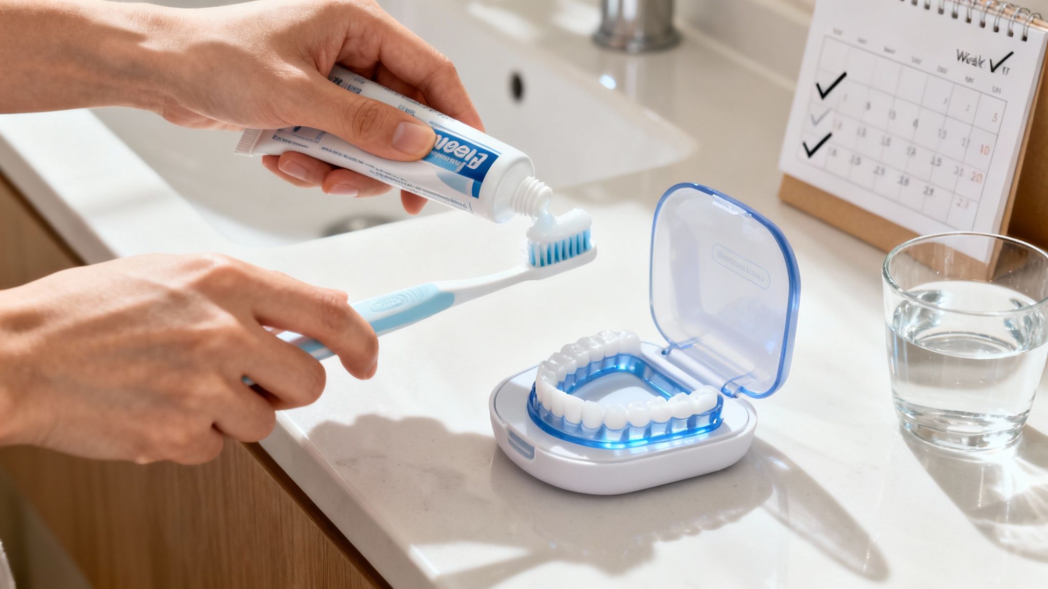 A person squeezes toothpaste onto a toothbrush next to a dental aligner on a bathroom counter.
