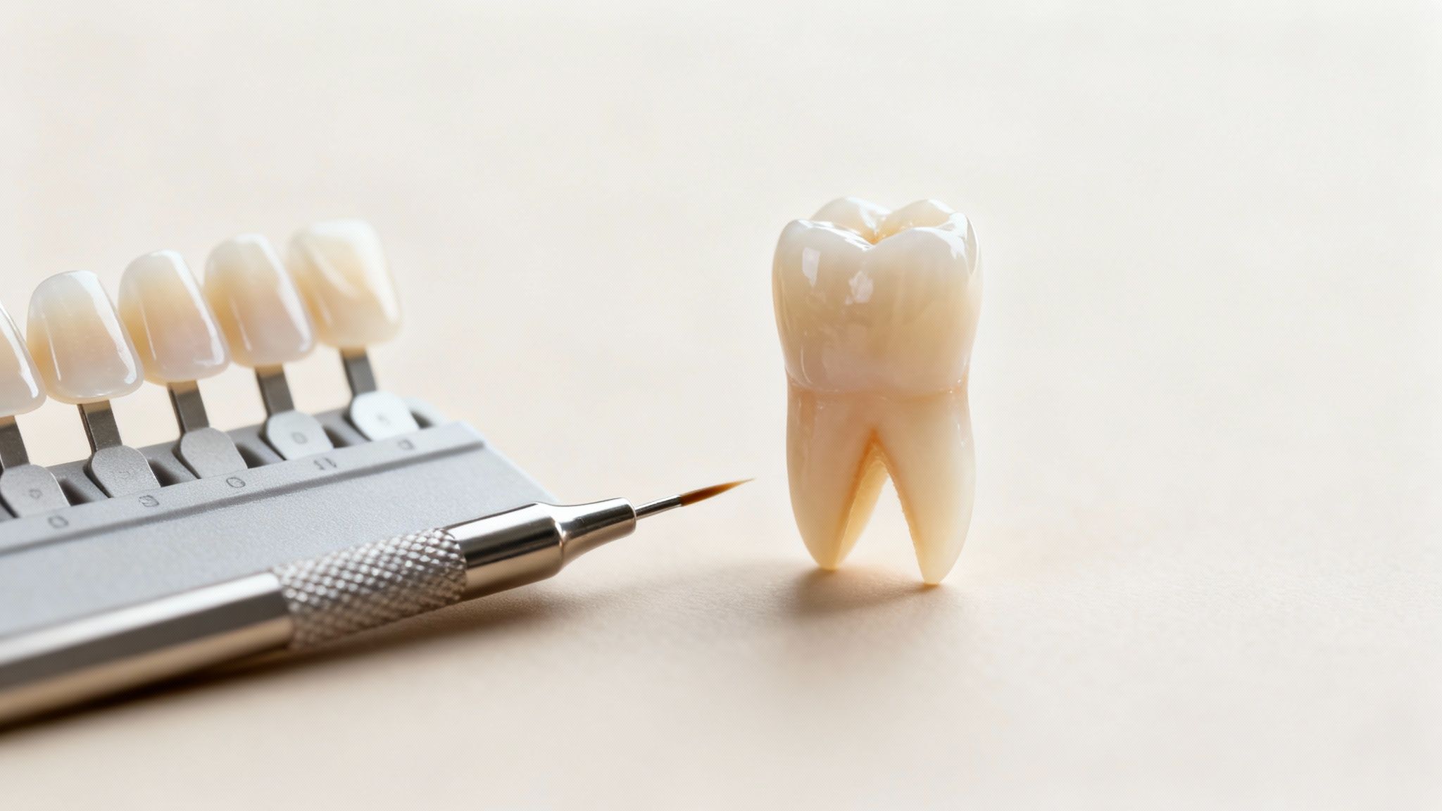 Close-up of a dental tooth shade guide, an artificial tooth, and a fine dental tool.