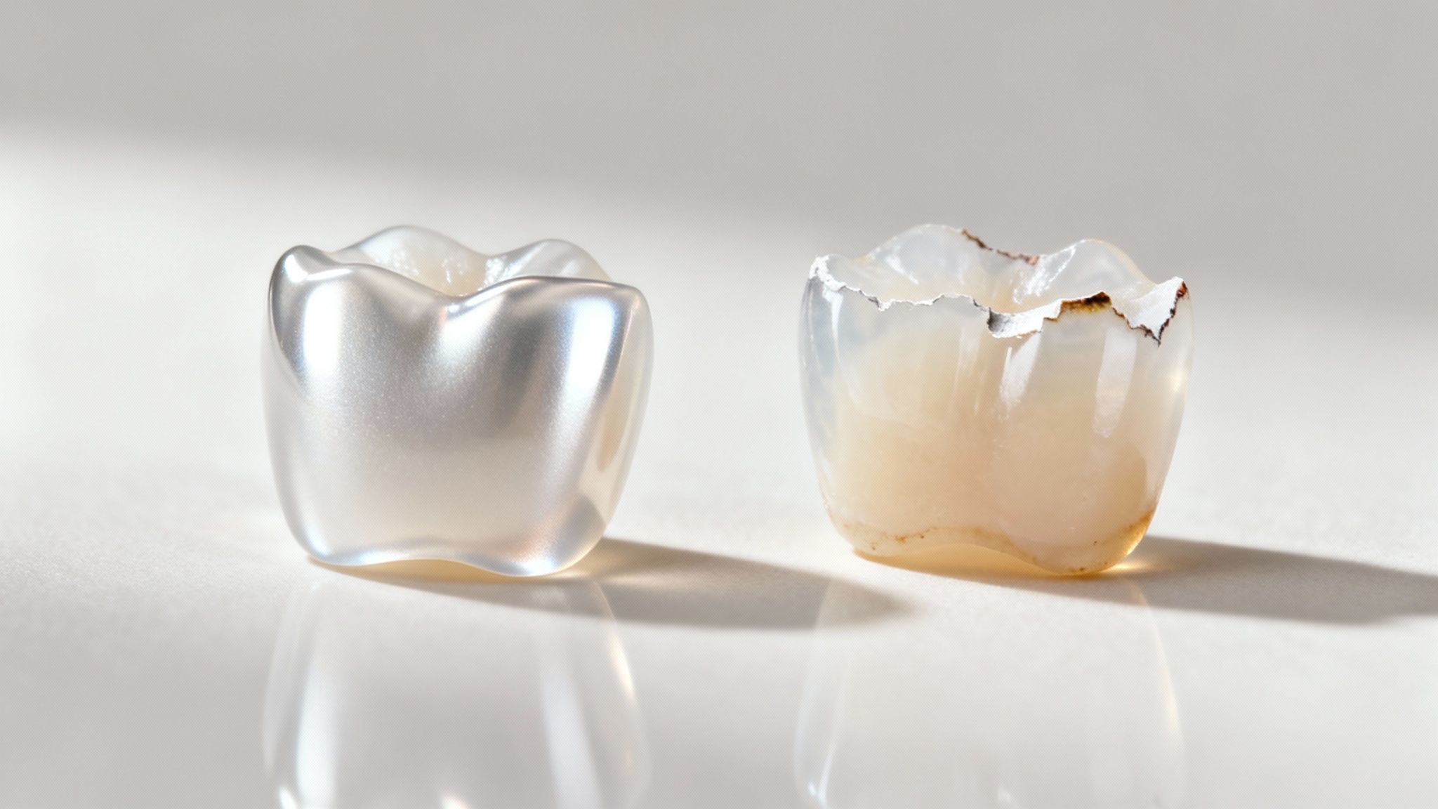 Close-up of two dental crowns, one pearlescent white and one translucent, on a reflective surface.