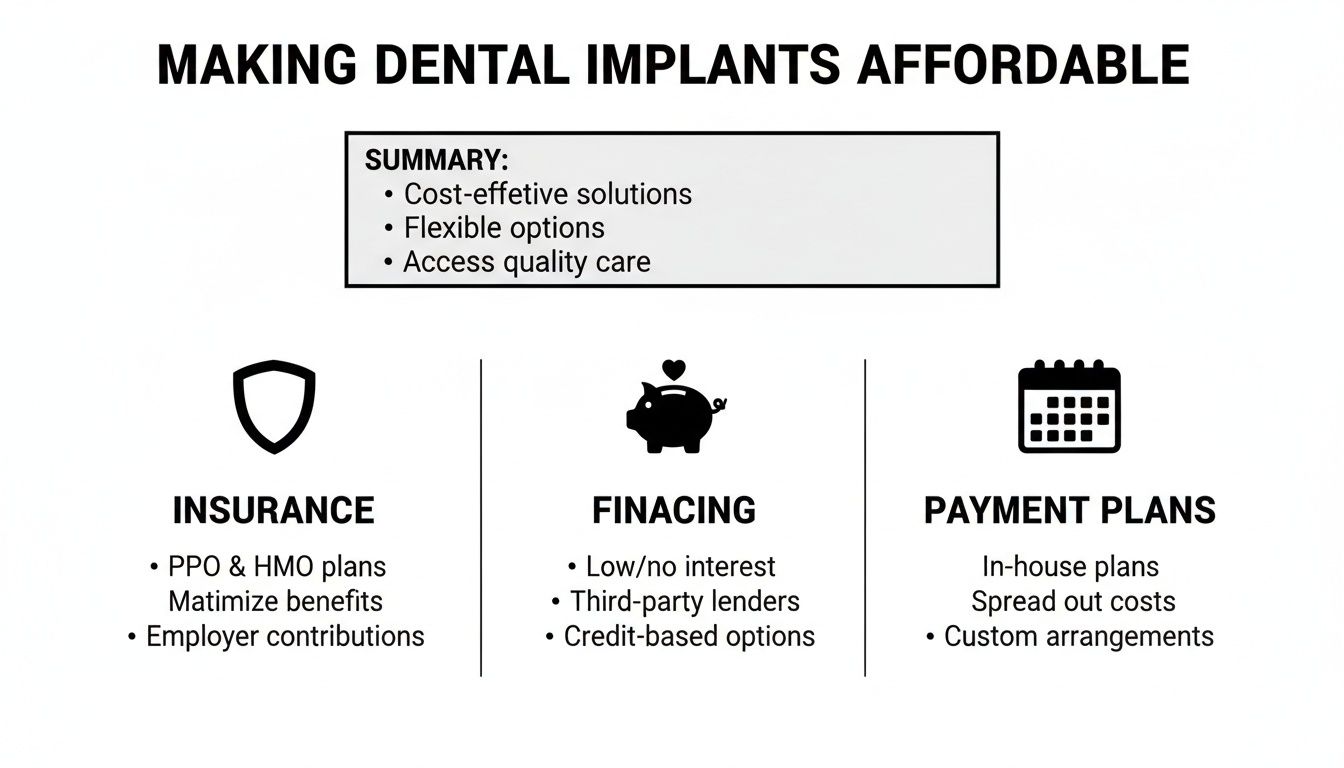 Infographic detailing how to make dental implants affordable through insurance, financing, and payment plans.