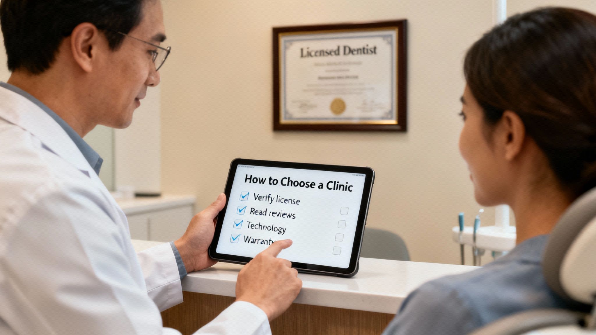 Dentist shows a tablet with a clinic checklist to a patient, emphasizing license, reviews, technology, and warranty.