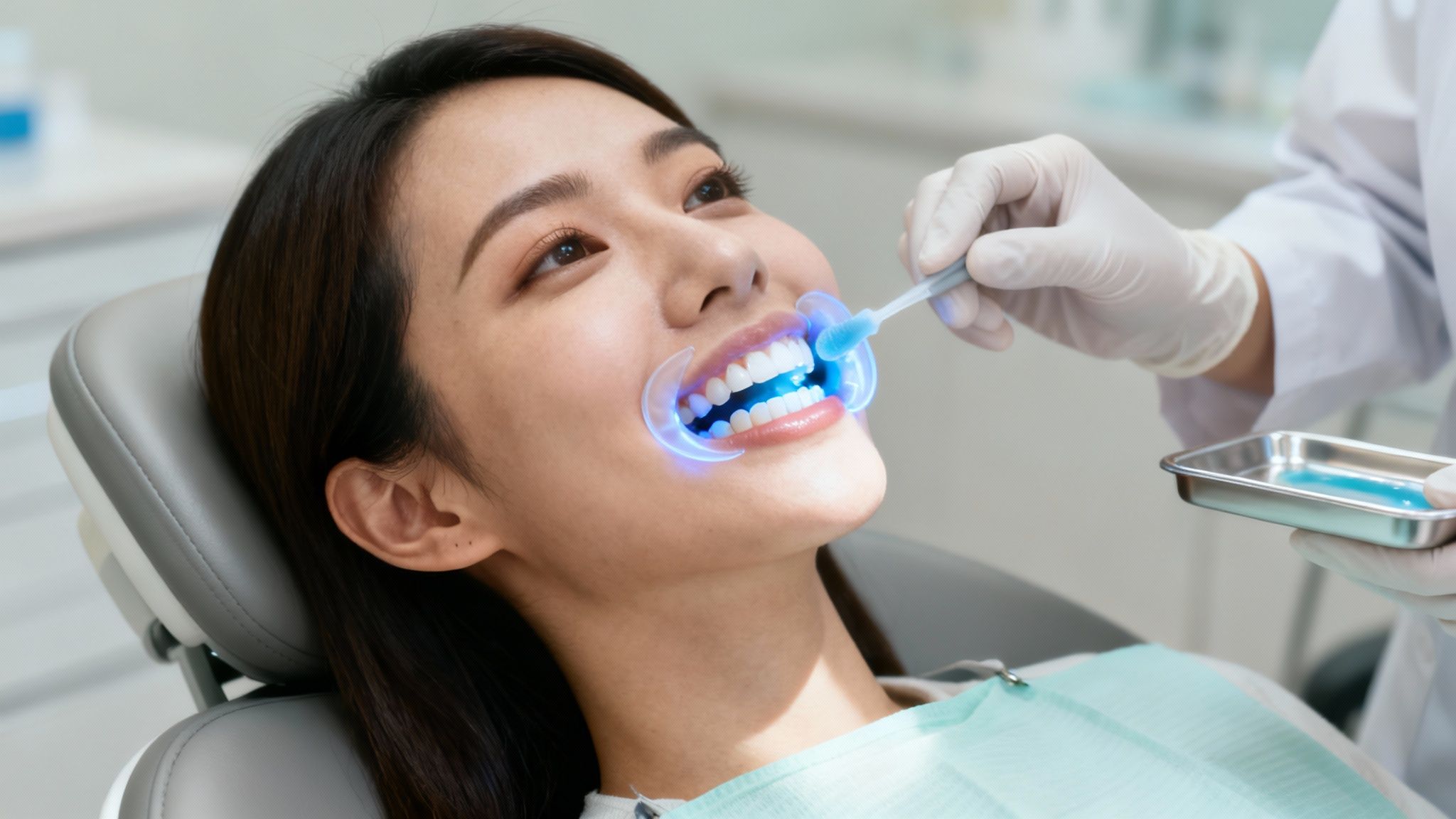 A dentist applying whitening gel to a patient's teeth in a professional setting