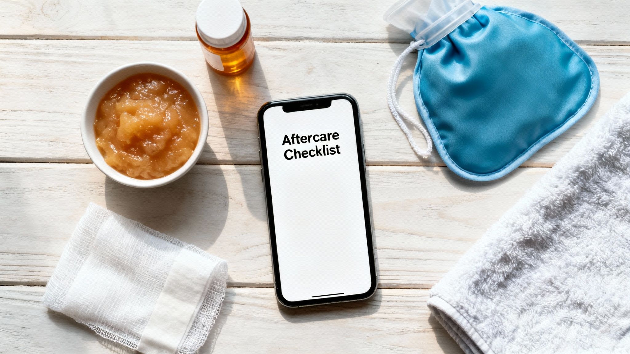 Aftercare essentials on a white wooden table: applesauce, medicine, phone with checklist, ice pack, and towels.