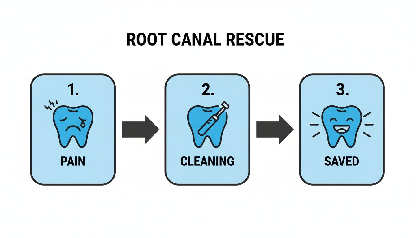 Three-step diagram illustrating a root canal rescue, from a painful tooth to cleaning and a happy, saved tooth.