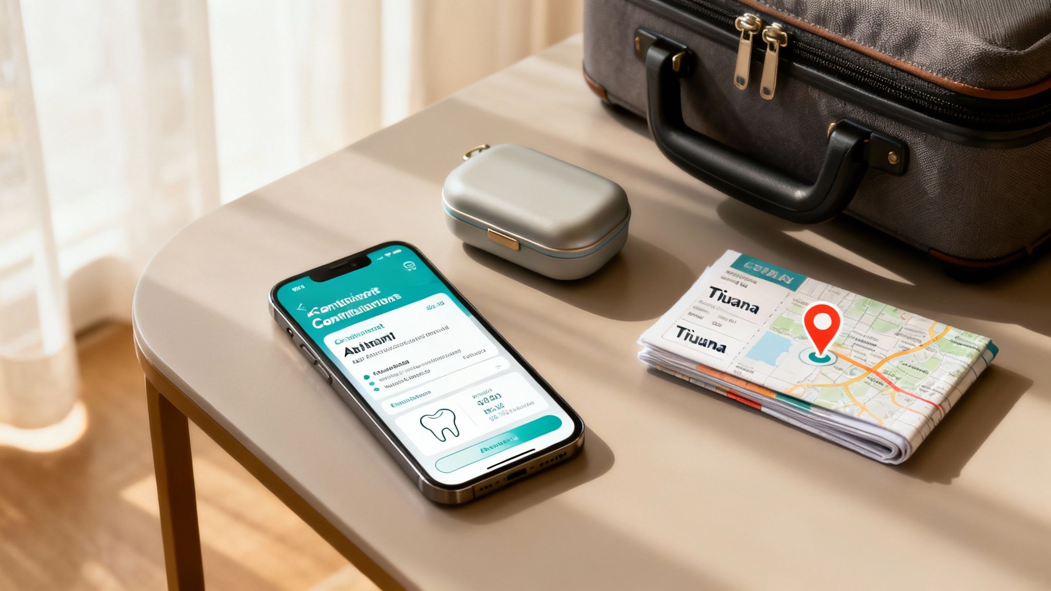 Smartphone displaying dental certificate next to map and luggage for medical tourism in Tijuana