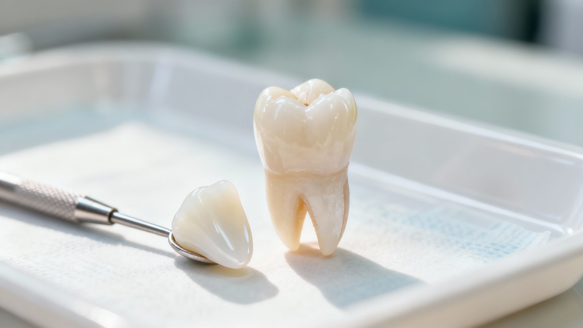 Dentist showing a dental crown to a patient in San Diego