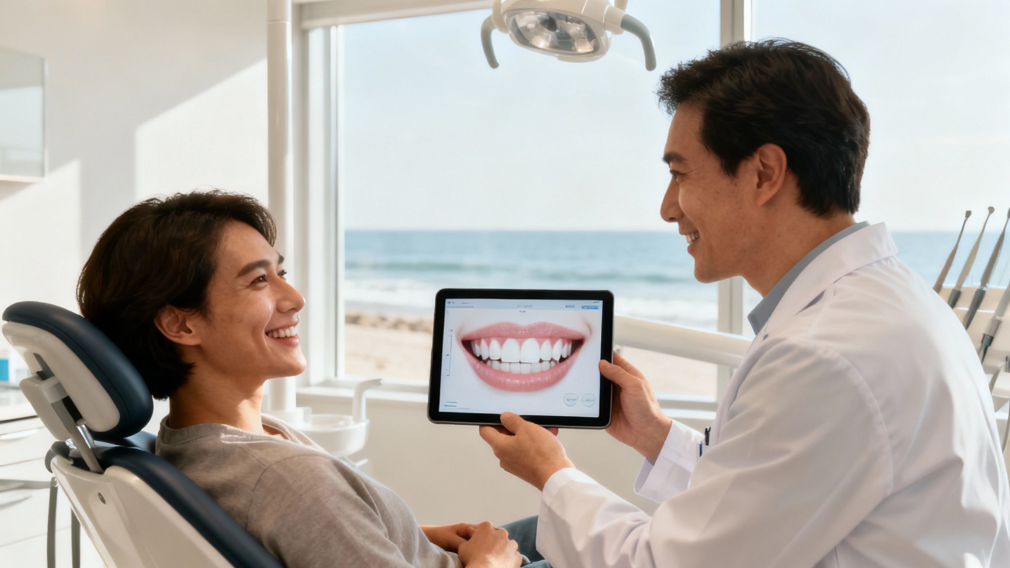 A woman smiling brightly while sitting in a dental chair, speaking with her San Diego dentist.