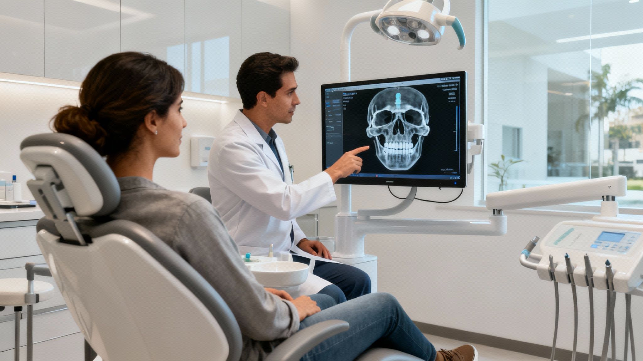 A patient sitting in a modern Tijuana dentist clinic chair, ready for consultation.