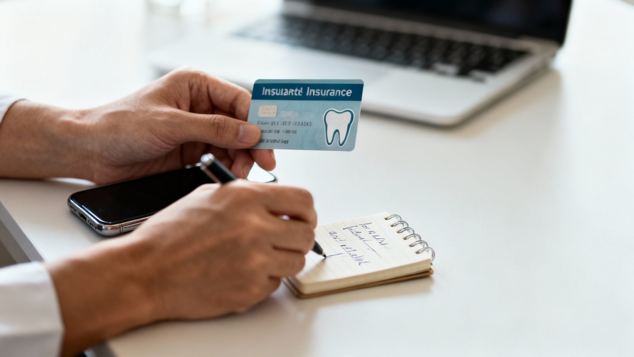 Close-up of hands holding a dental insurance card and writing notes on a small pad.