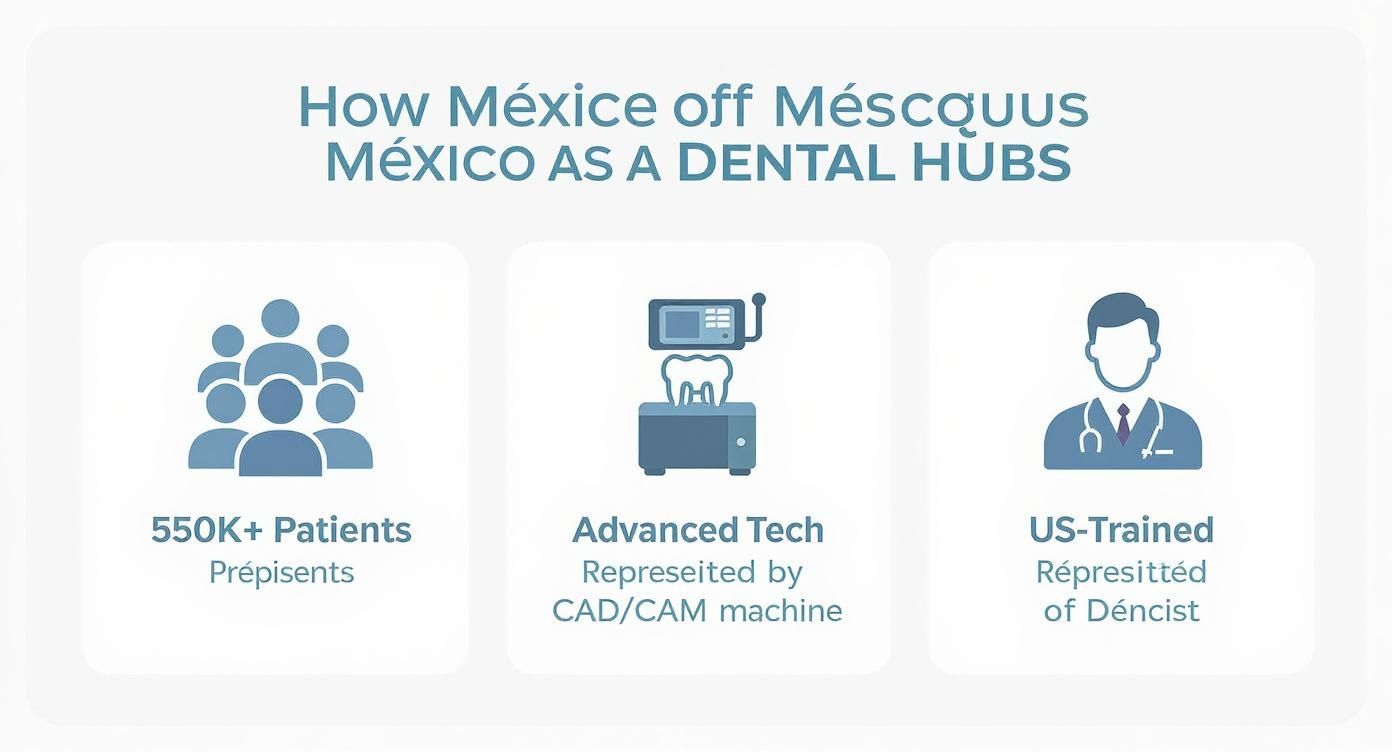 Infographic showing the rise of Mexico's dental hub, with icons for 550K+ Patients, Advanced Tech like CAD/CAM, and US-Trained dentists.