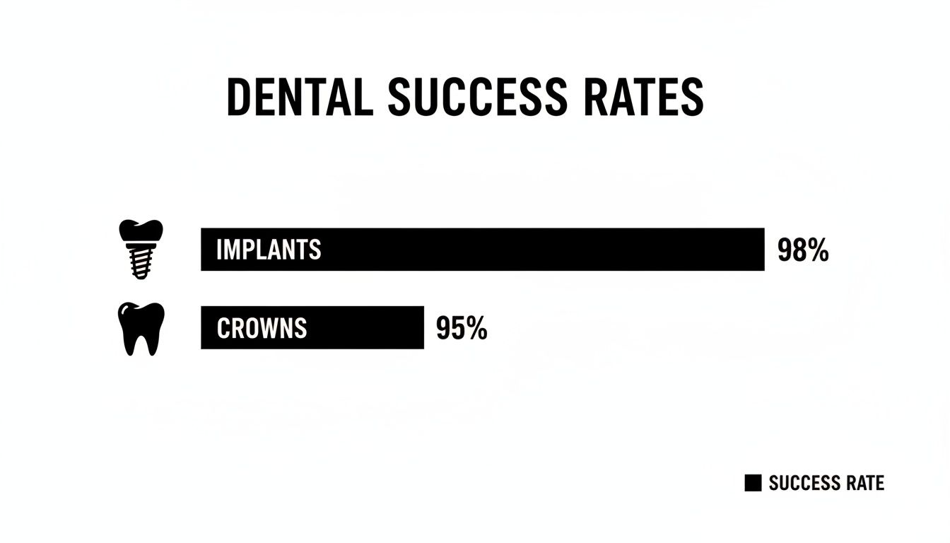 A bar chart illustrating dental success rates: implants have a 98% rate, crowns have a 95% rate.