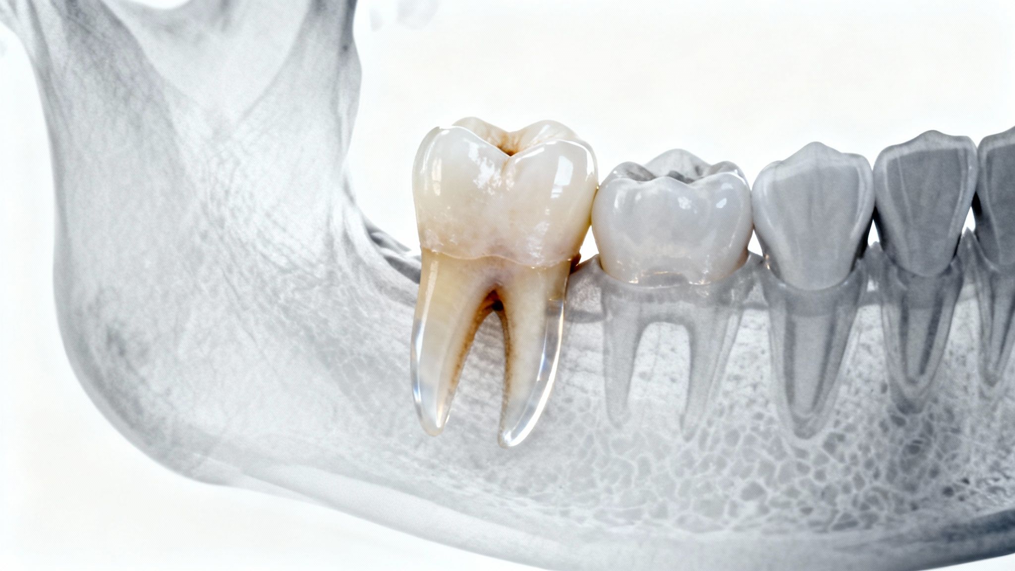 Detailed 3D render of a molar tooth with visible roots within the jawbone.