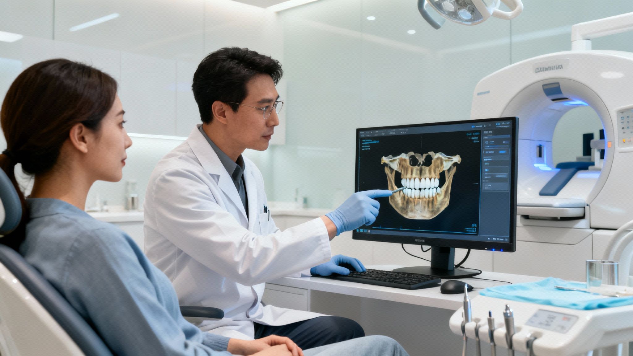 Dentist showing a patient a 3D dental implant scan on a computer in a modern clinic.