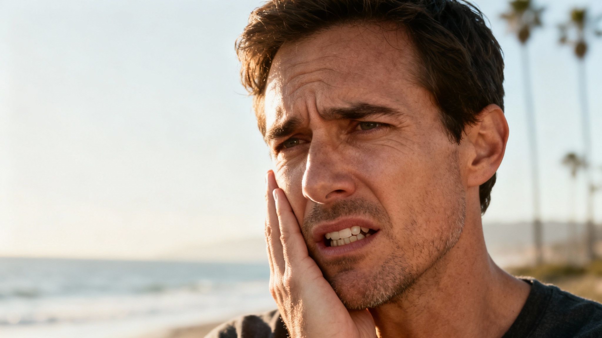 Close-up of a man experiencing severe tooth pain on a sunny beach.