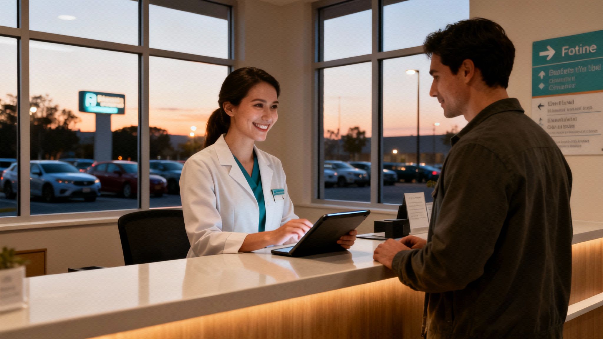 A friendly medical receptionist in a white coat smiles while assisting a male patient at a desk, using a tablet.