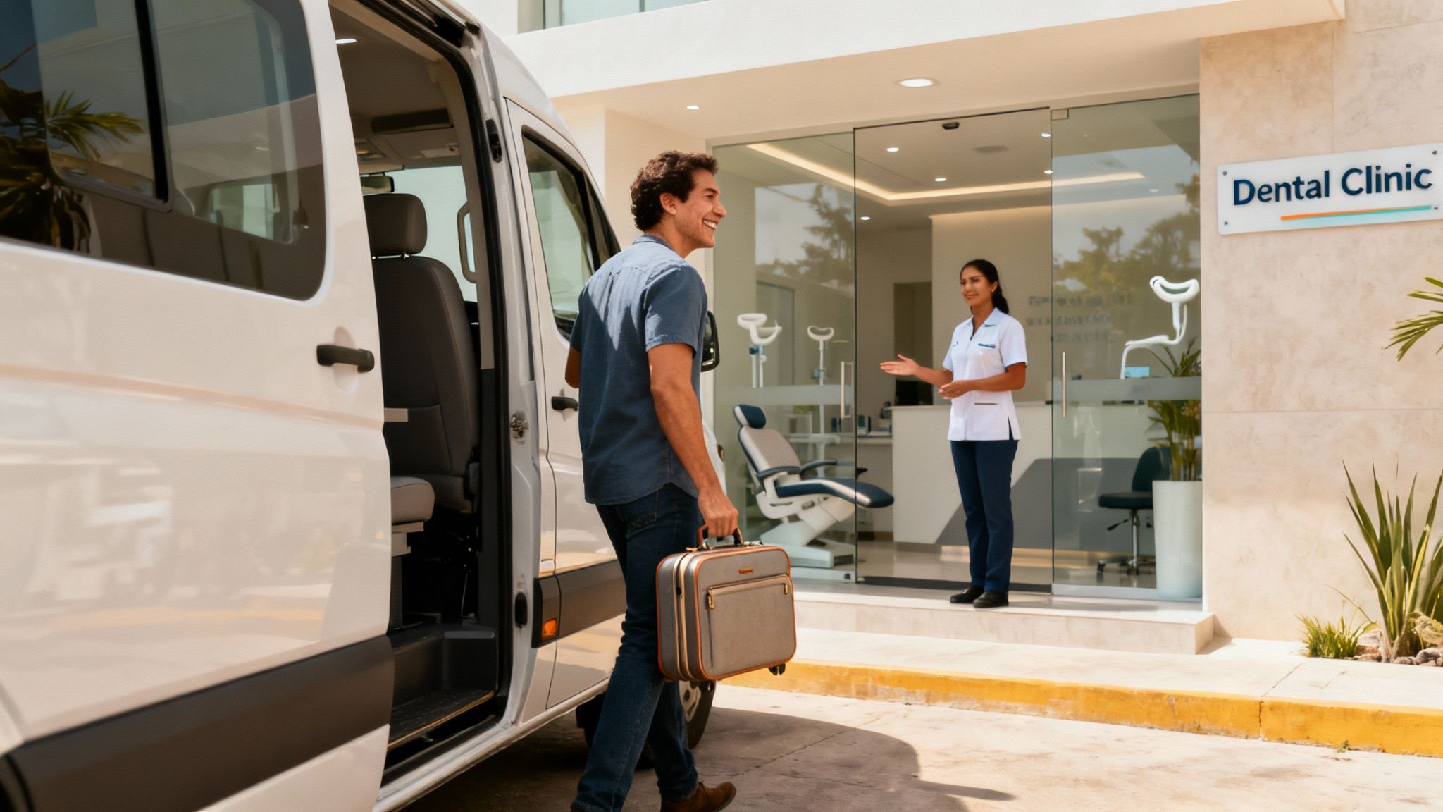 A smiling man with a suitcase exits a white van, welcomed by a dental assistant at a modern clinic entrance.