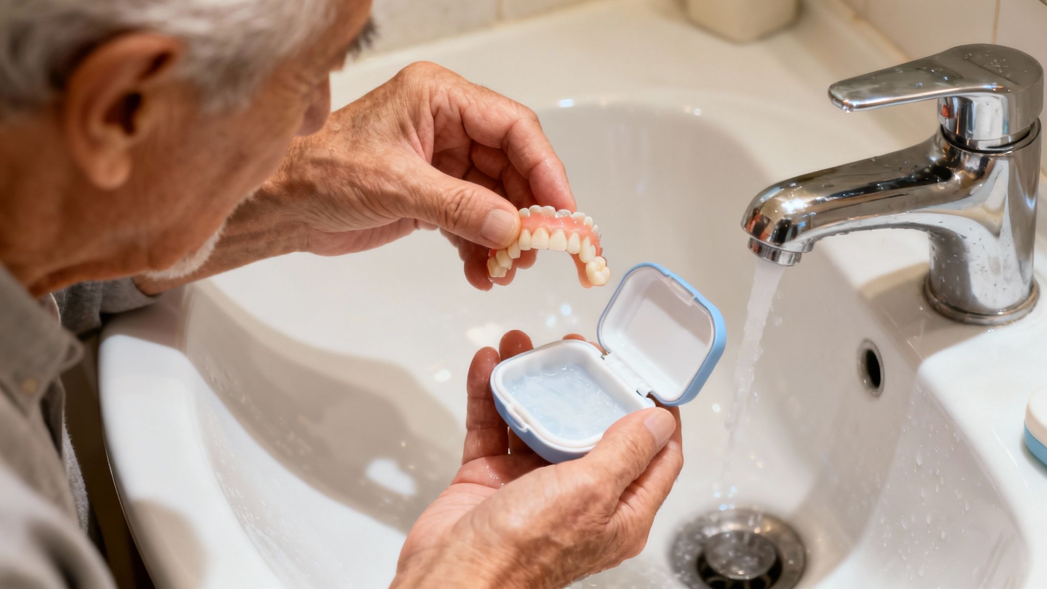 Elderly person holding dentures and a cleaning case over a bathroom sink with running water.