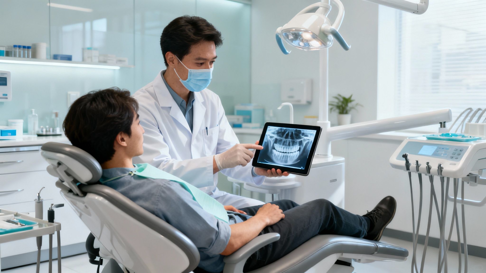 Asian dentist in mask and gloves shows dental X-ray on tablet to male patient.