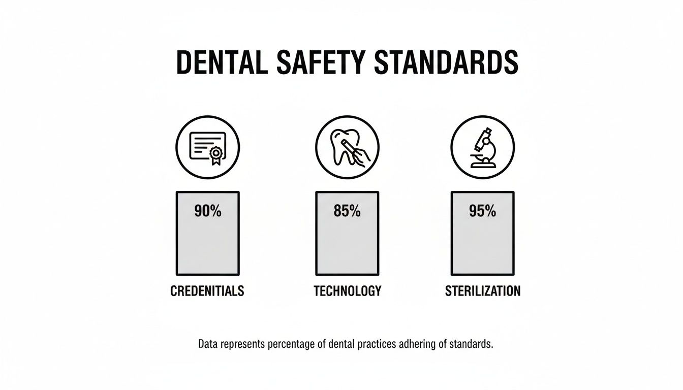 Infographic detailing dental safety standards, showing percentages for credentials, technology, and sterilization adherence.