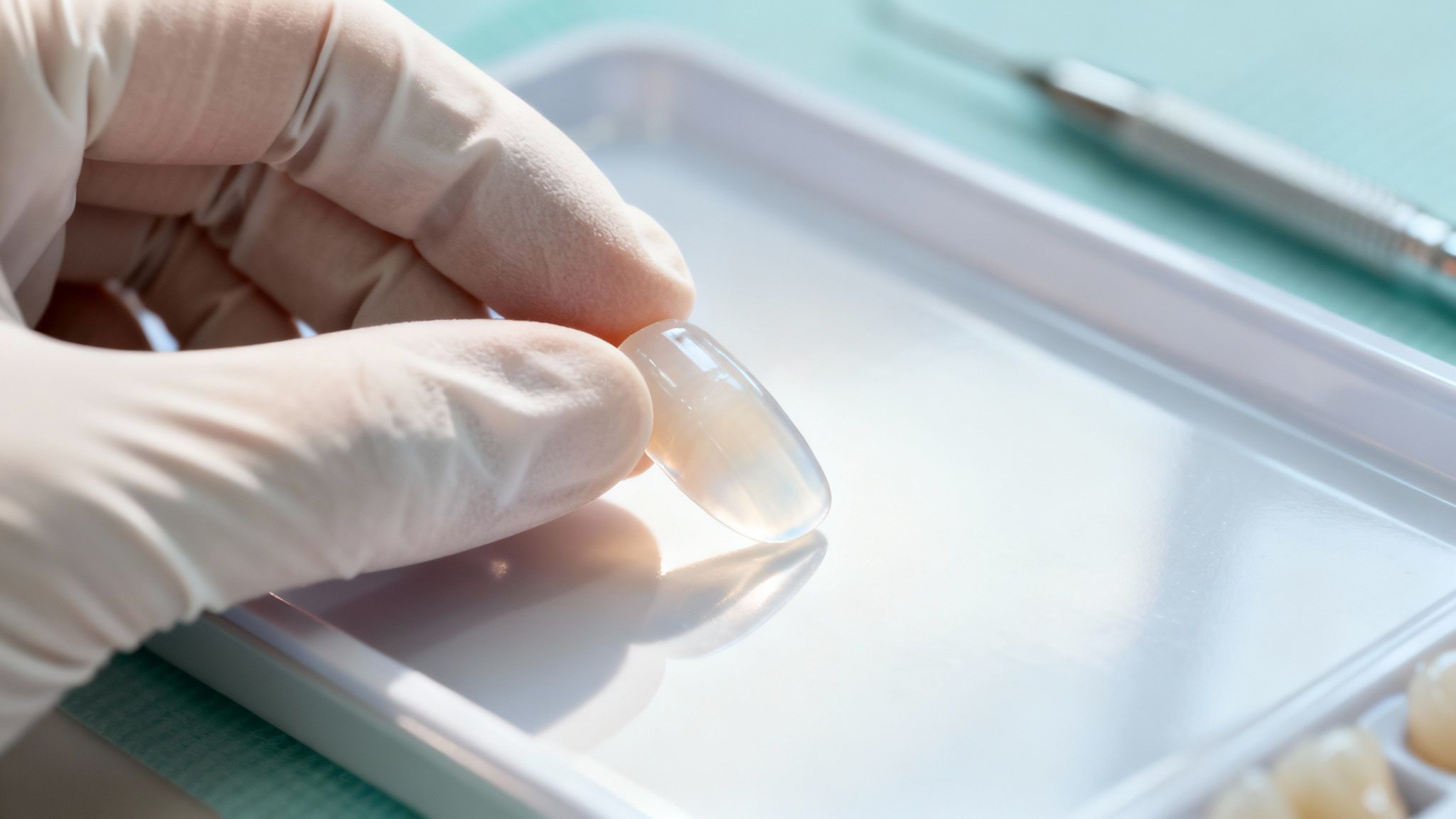 A high-quality E-Max porcelain veneer being held up, demonstrating its craftsmanship.