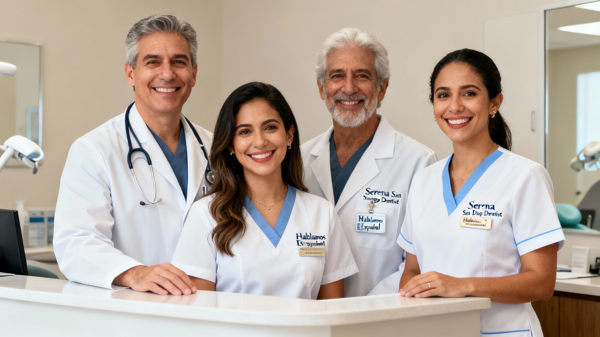 Four smiling dental professionals, two men and two women, in lab coats and scrubs in a modern dental office.