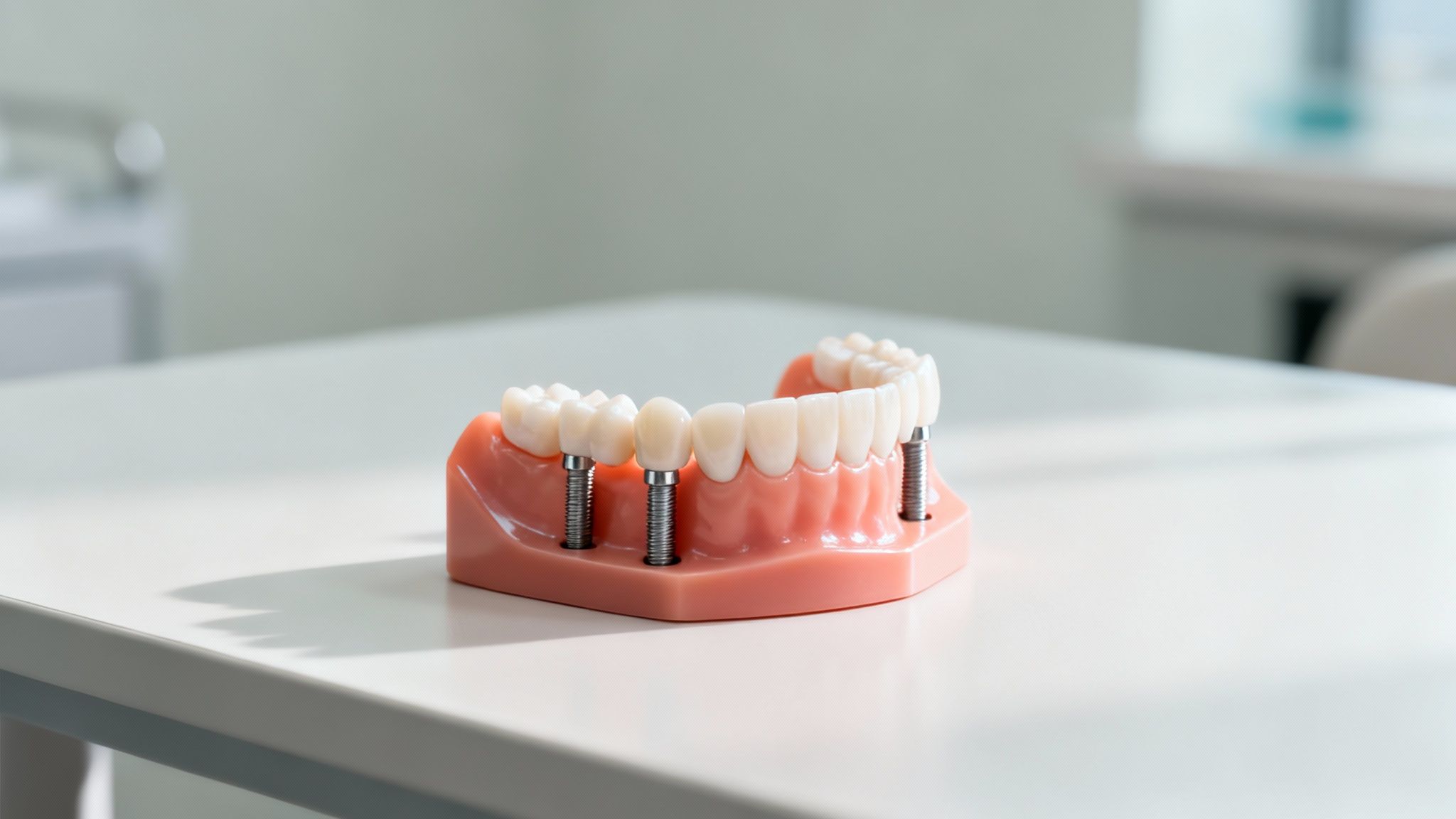 A detailed dental implant model on a white table, demonstrating tooth restoration and prosthetic dentistry.