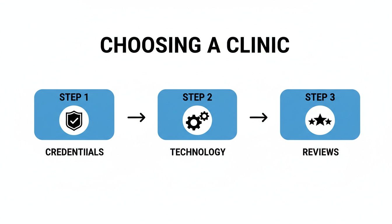 A flowchart showing three steps for choosing a clinic: Credentials, Technology, and Reviews.