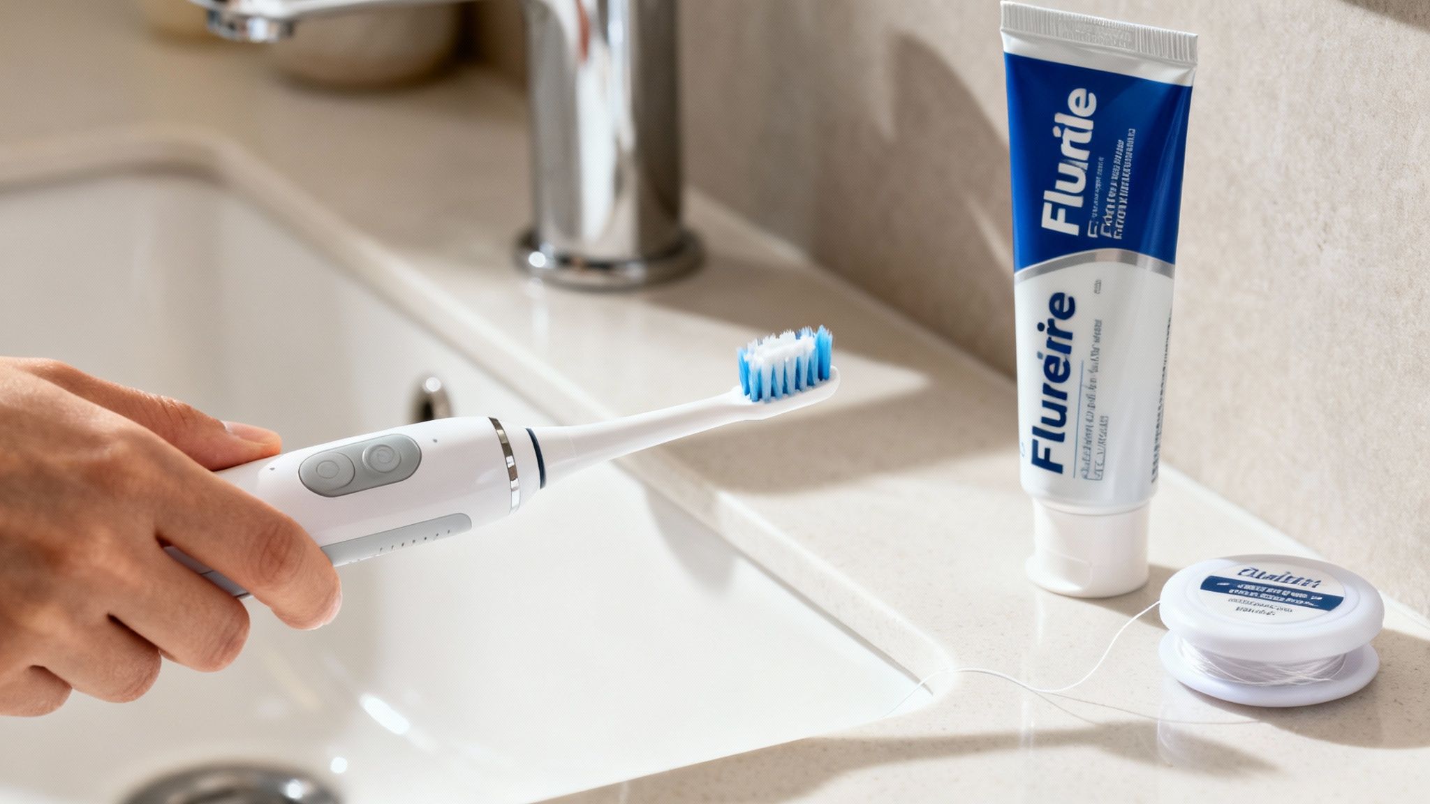 Woman smiling while holding a toothbrush, demonstrating at-home preventive dental care