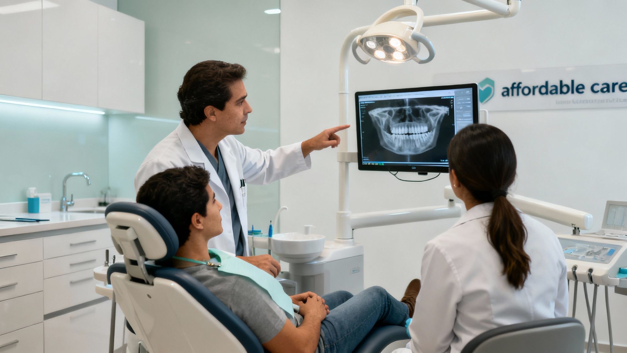 A Tijuana dentist explaining a dental procedure to a patient in a modern clinic.