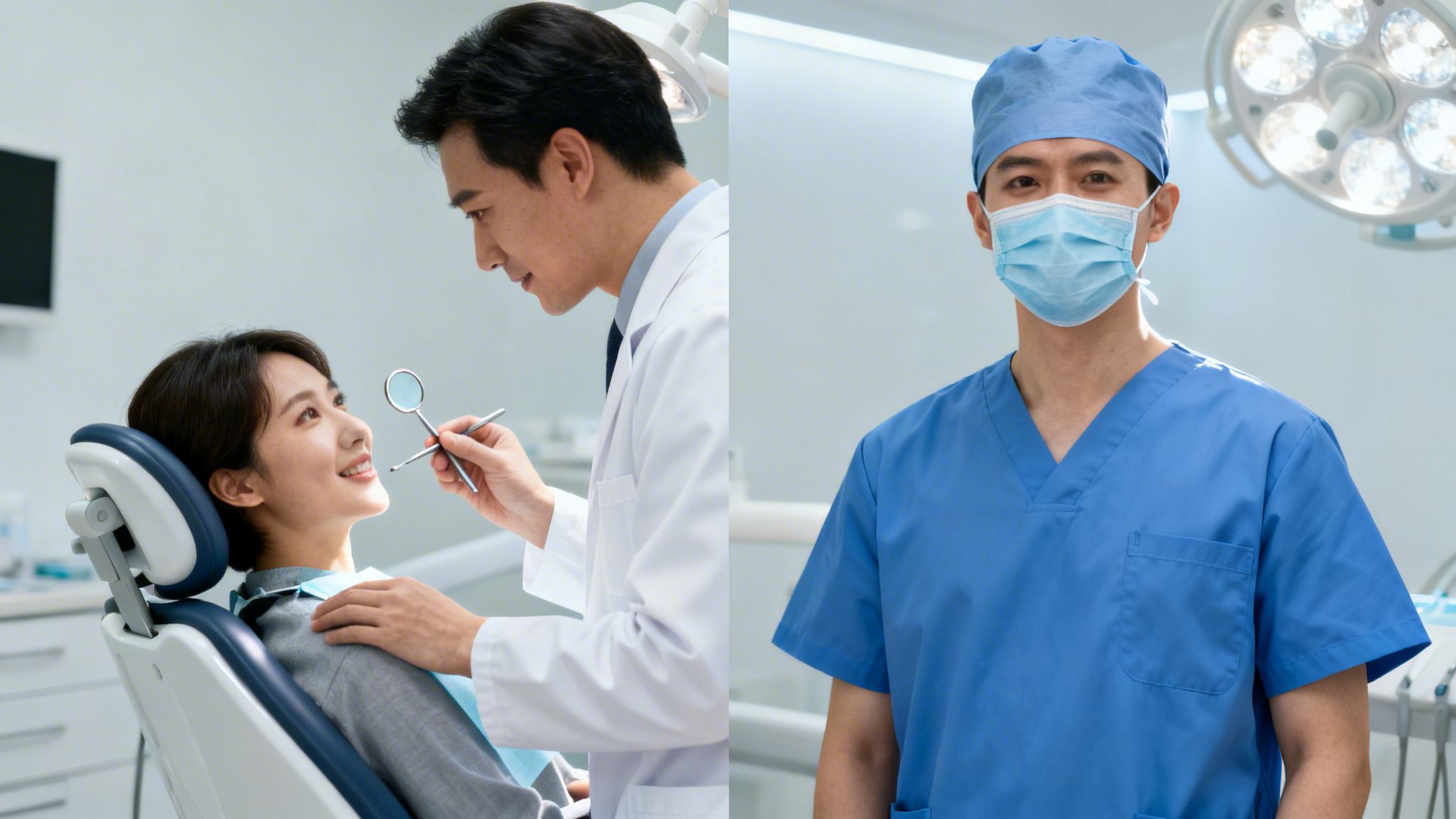 A split image showing a dentist examining a patient and an oral surgeon in scrubs and mask.