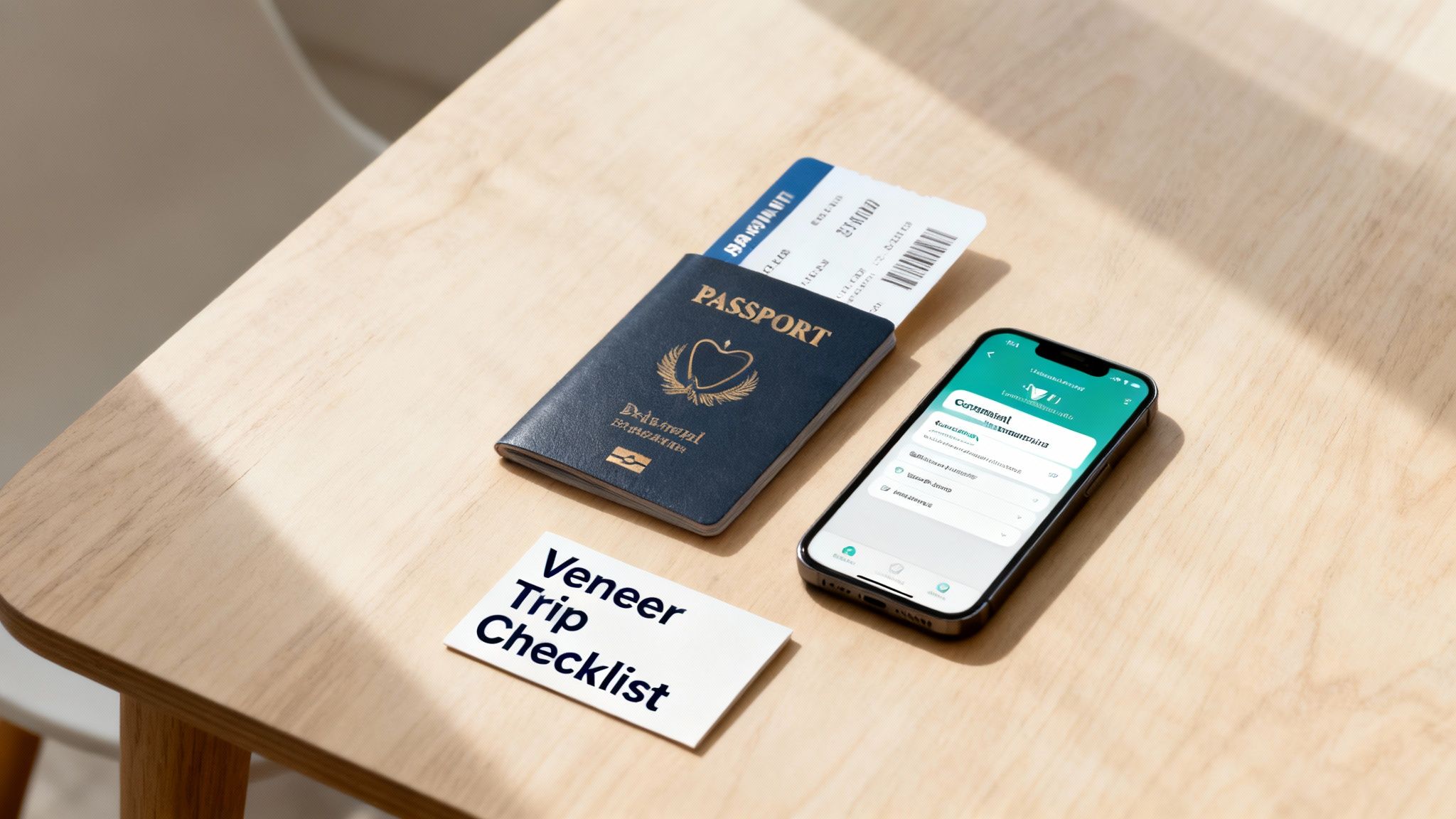 A passport with a boarding pass, a smartphone showing a checklist app, and a 'Veneer Trip Checklist' card on a wooden table.