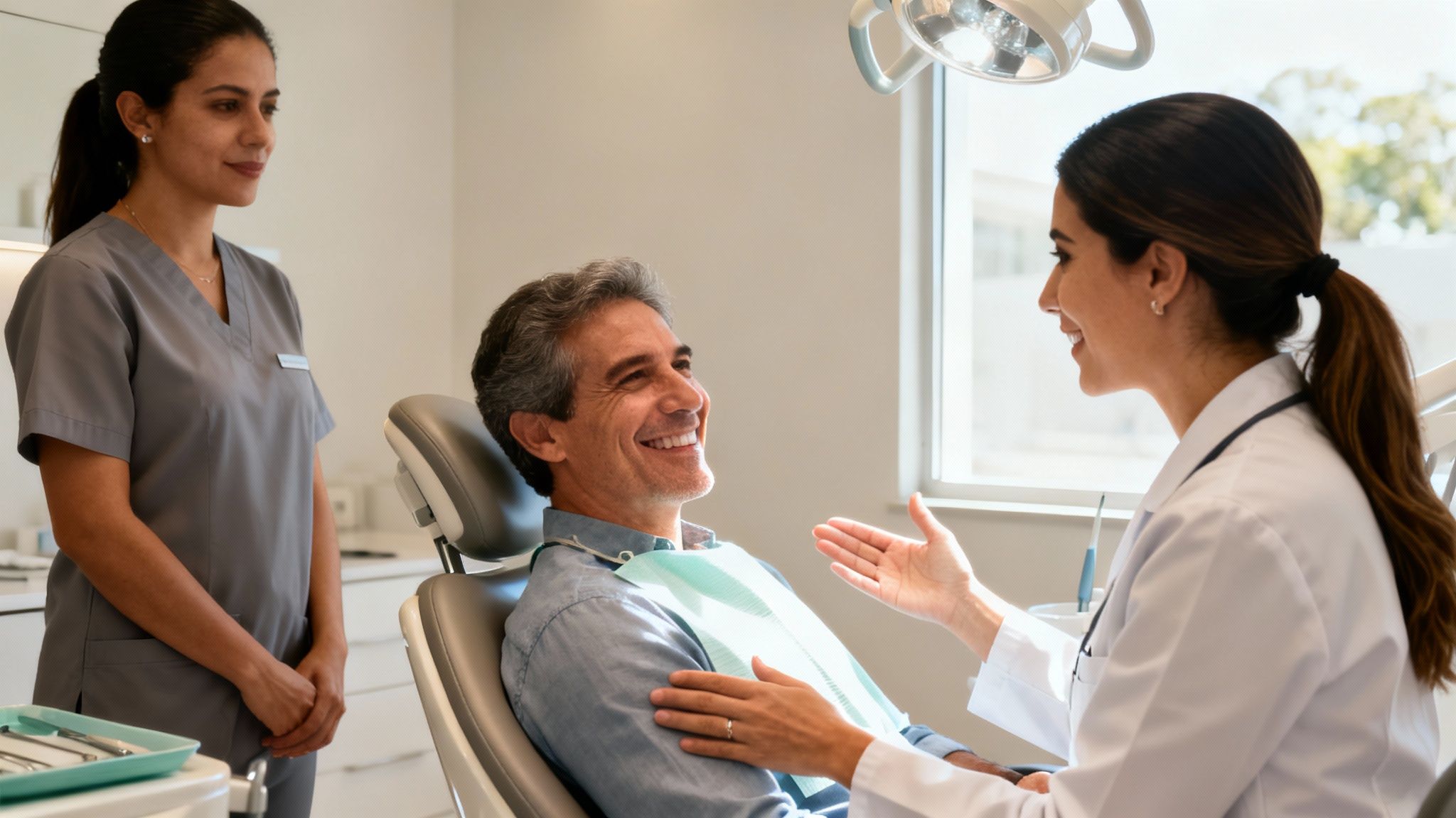 Happy patient in a dental office interacting with a friendly dentist and assistant.