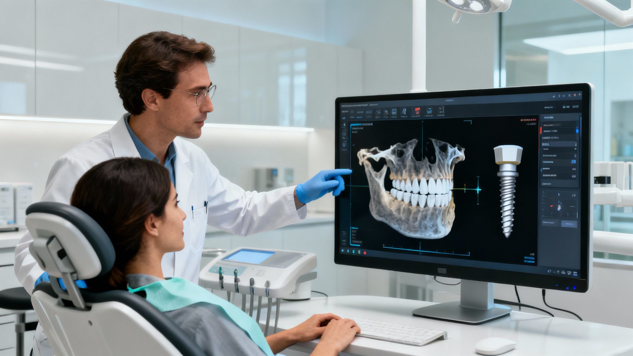 A dentist reviewing 3D CT scans with a patient in a modern dental office.