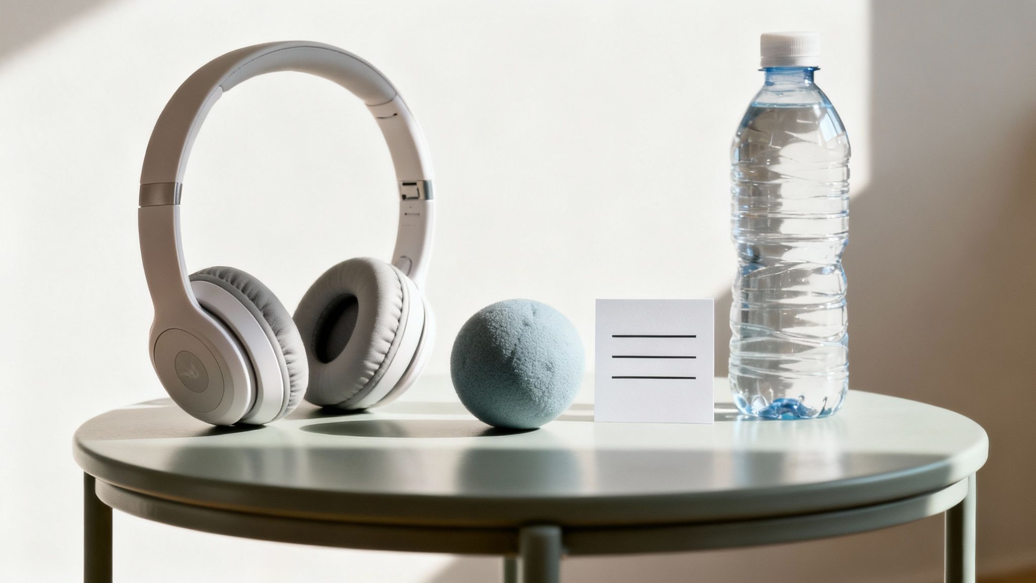 White headphones, a fuzzy blue ball, a card with lines, and a water bottle on a round table.