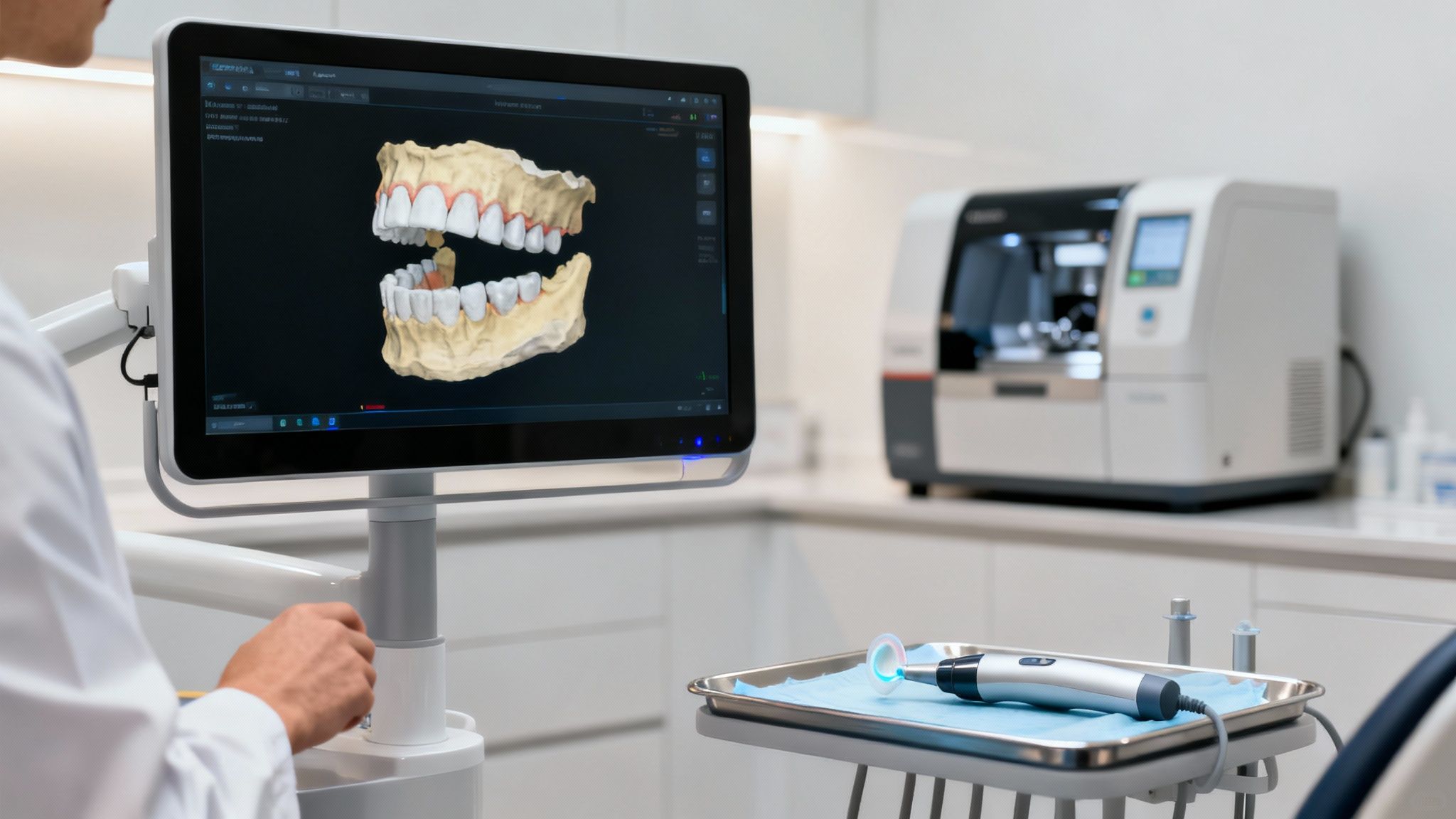 A dental professional using advanced digital imaging technology on a large screen in a modern clinic.