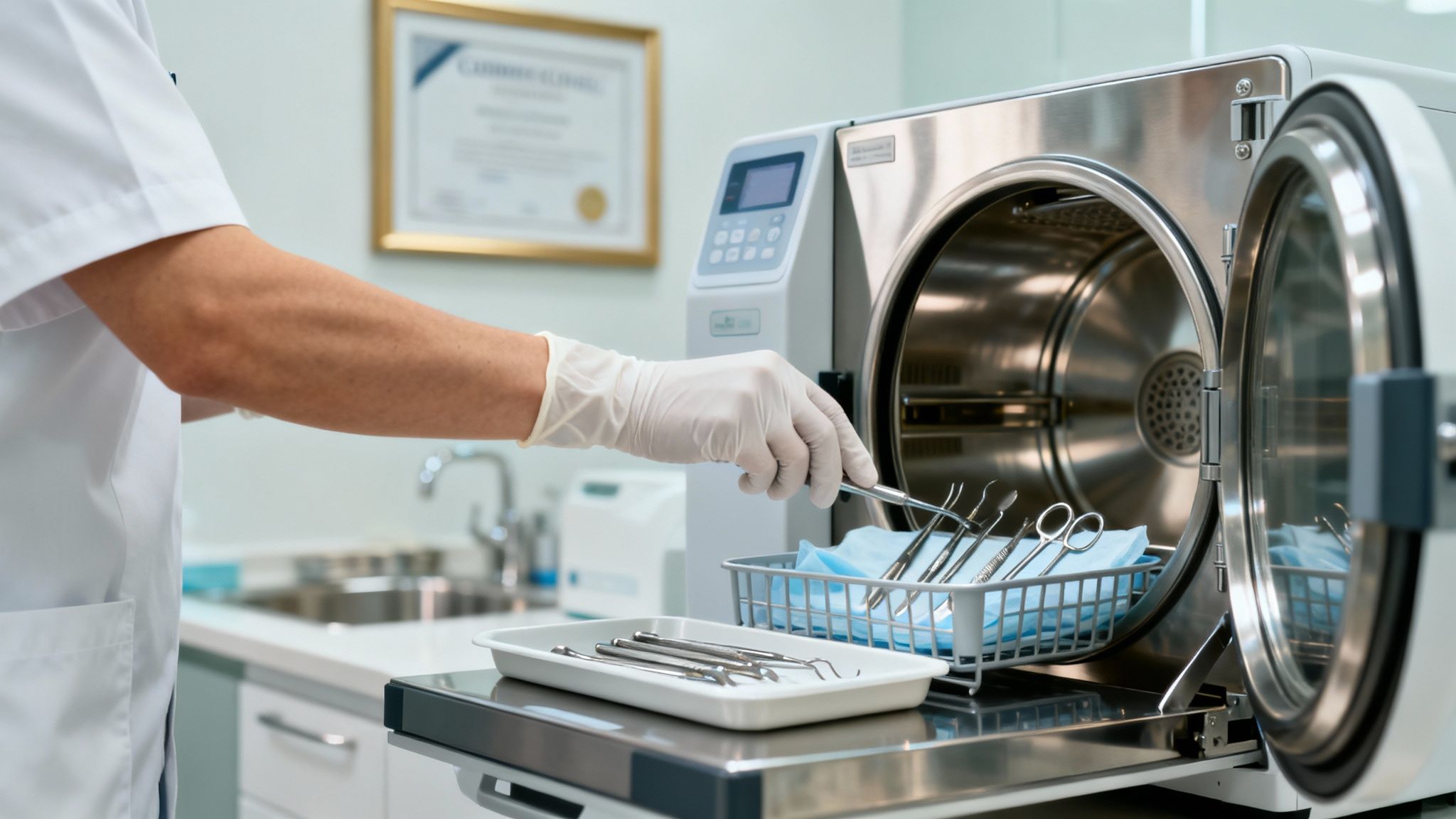 A gloved hand places dental instruments into an autoclave for sterilization in a clean clinic.