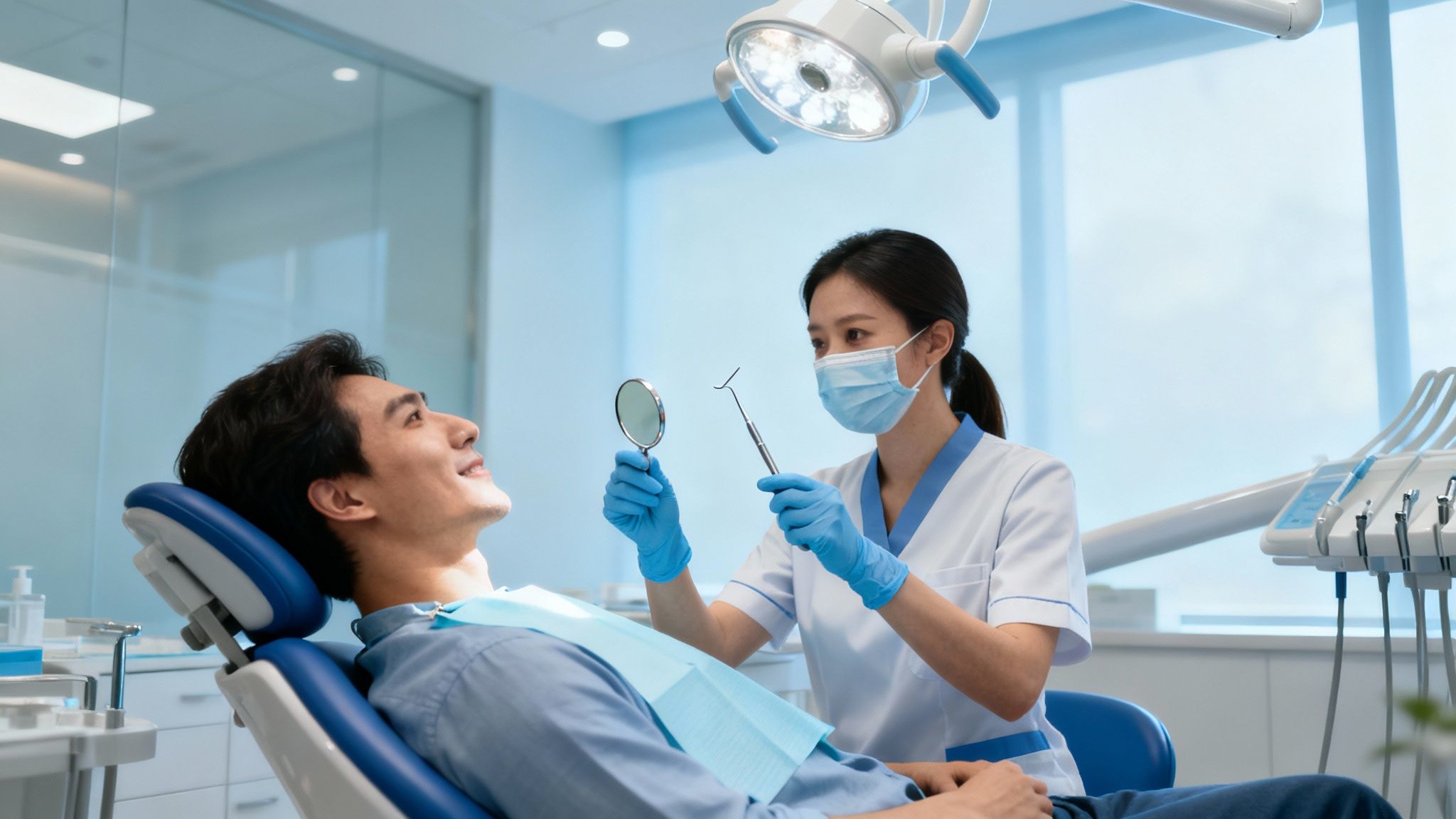A dental hygienist performing a teeth cleaning on a relaxed patient in a modern San Diego clinic.